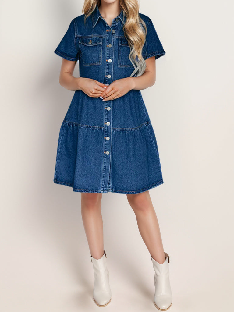 Button Up Short Sleeve Denim Dress-TOPS / DRESSES-[Adult]-[Female]-2022 Online Blue Zone Planet