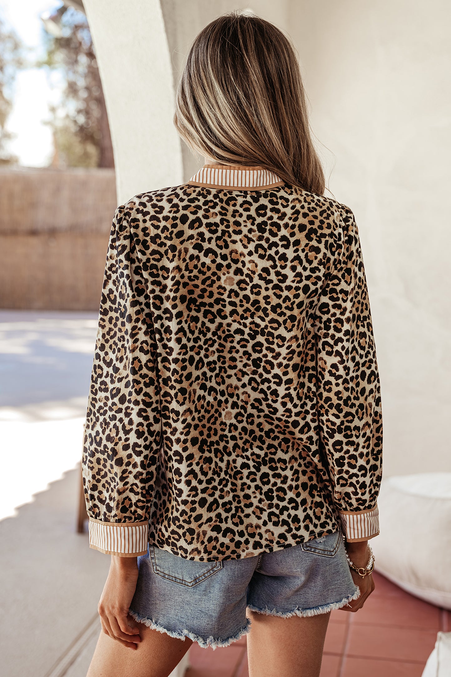 Khaki Contrast Striped Trim V Neck Leopard Shirt-Tops/Blouses & Shirts-[Adult]-[Female]-2022 Online Blue Zone Planet