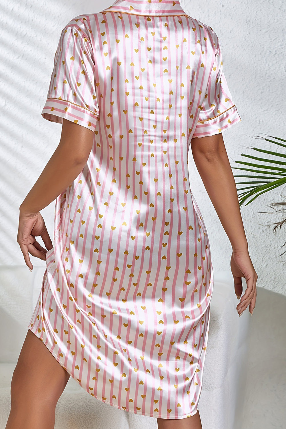 Pink Heart Print Striped Short Sleeve Button Up Pajama Dress-Loungewear Set-[Adult]-[Female]-2022 Online Blue Zone Planet