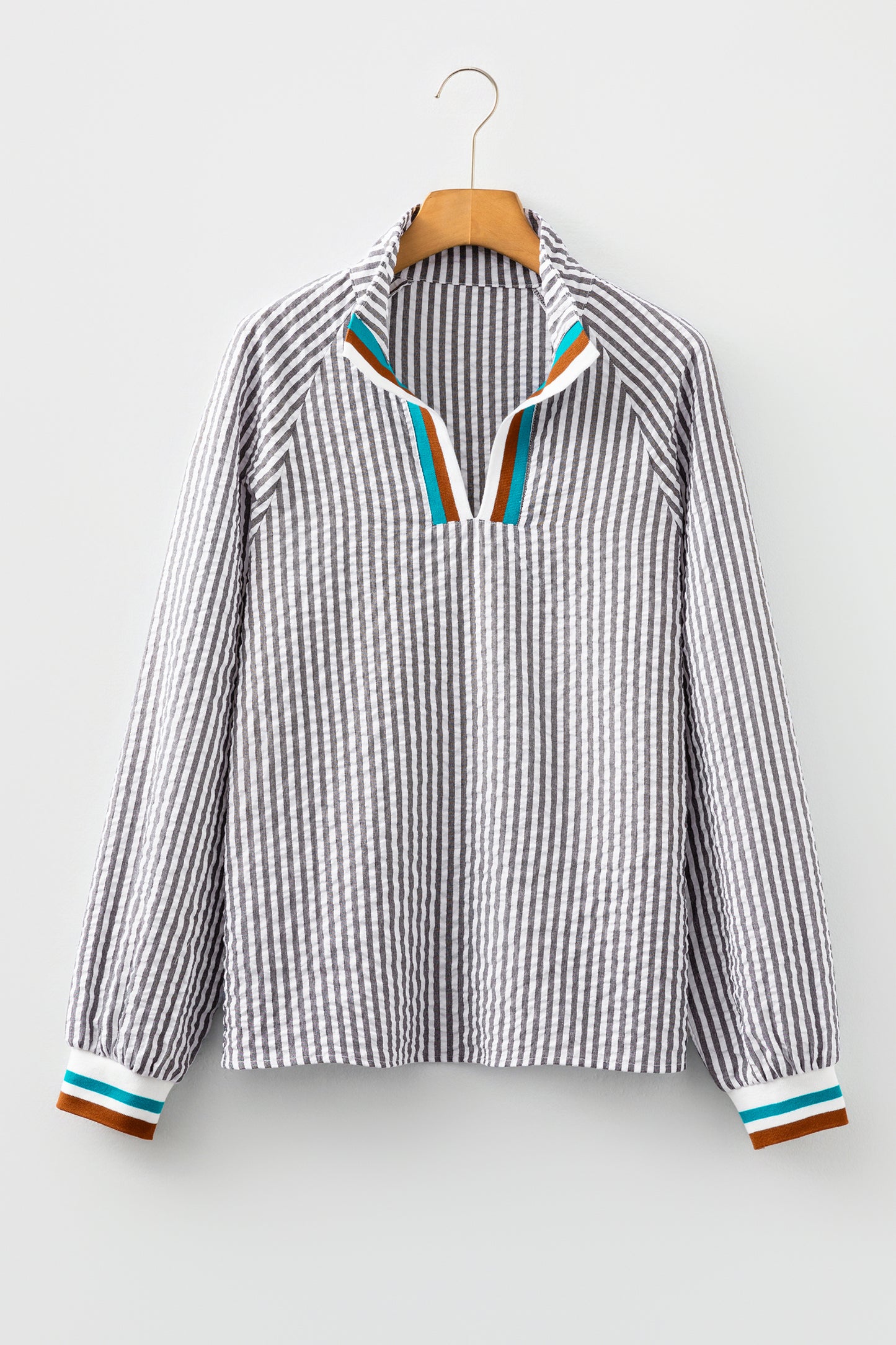 Dark Grey Striped Print Contrast Patchwork Detail Split Neck Blouse-Tops/Blouses & Shirts-[Adult]-[Female]-2022 Online Blue Zone Planet