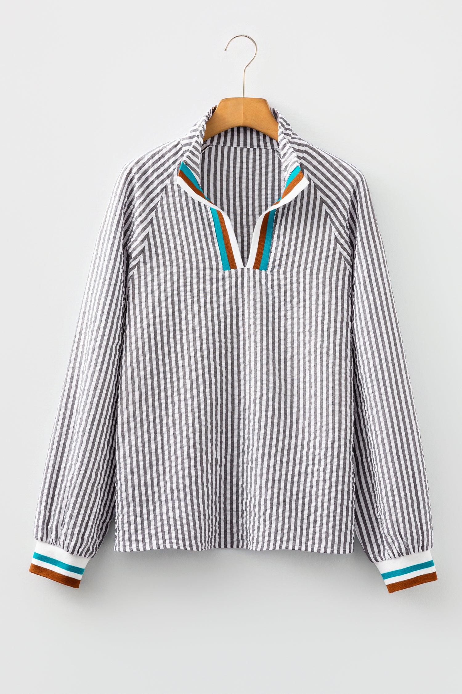 Dark Grey Striped Print Contrast Patchwork Detail Split Neck Blouse-Tops/Blouses & Shirts-[Adult]-[Female]-2022 Online Blue Zone Planet