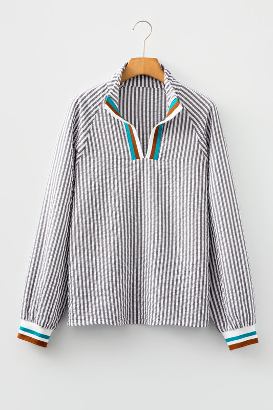 Dark Grey Striped Print Contrast Patchwork Detail Split Neck Blouse-Tops/Blouses & Shirts-[Adult]-[Female]-2022 Online Blue Zone Planet