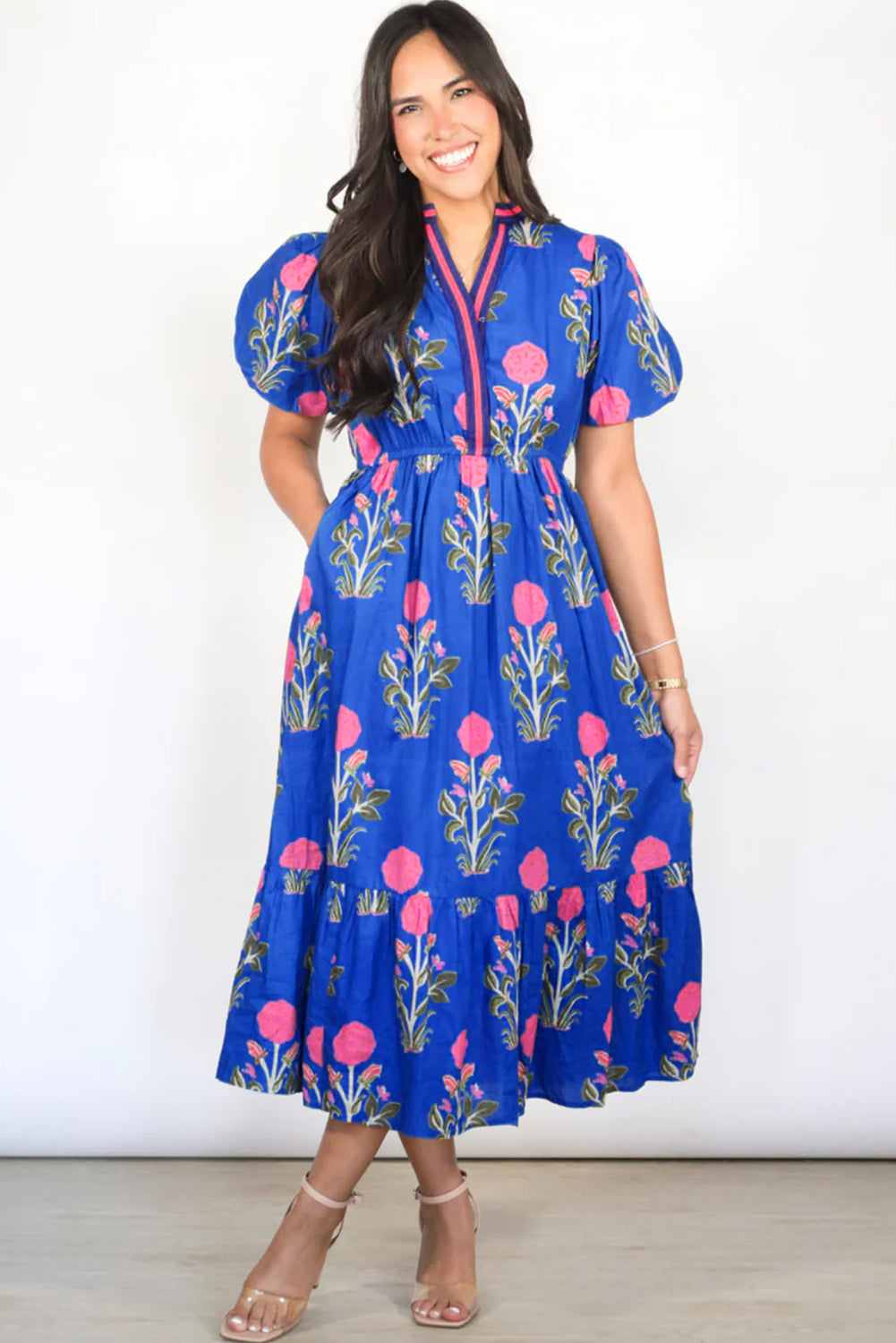 White Floral Puff Short Sleeve V Neck High Waist Maxi Dress-TOPS / DRESSES-[Adult]-[Female]-2022 Online Blue Zone Planet