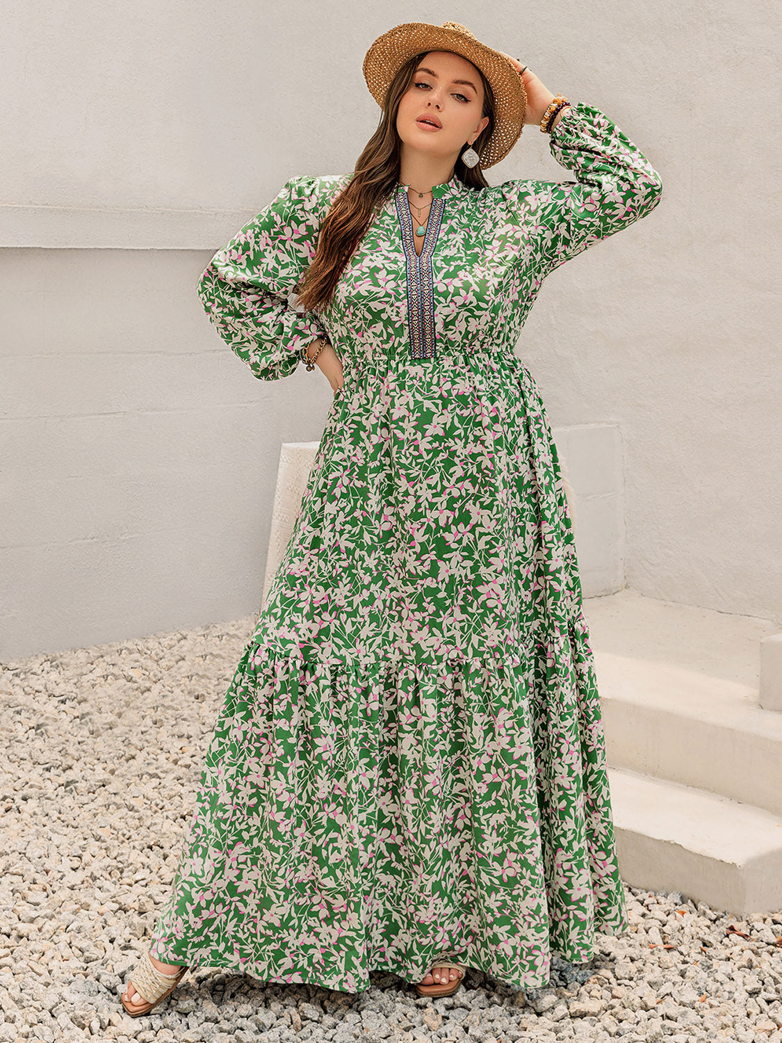 Blue Zone Planet | Plus Size Printed Notched Long Sleeve Maxi Dress-TOPS / DRESSES-[Adult]-[Female]-2022 Online Blue Zone Planet