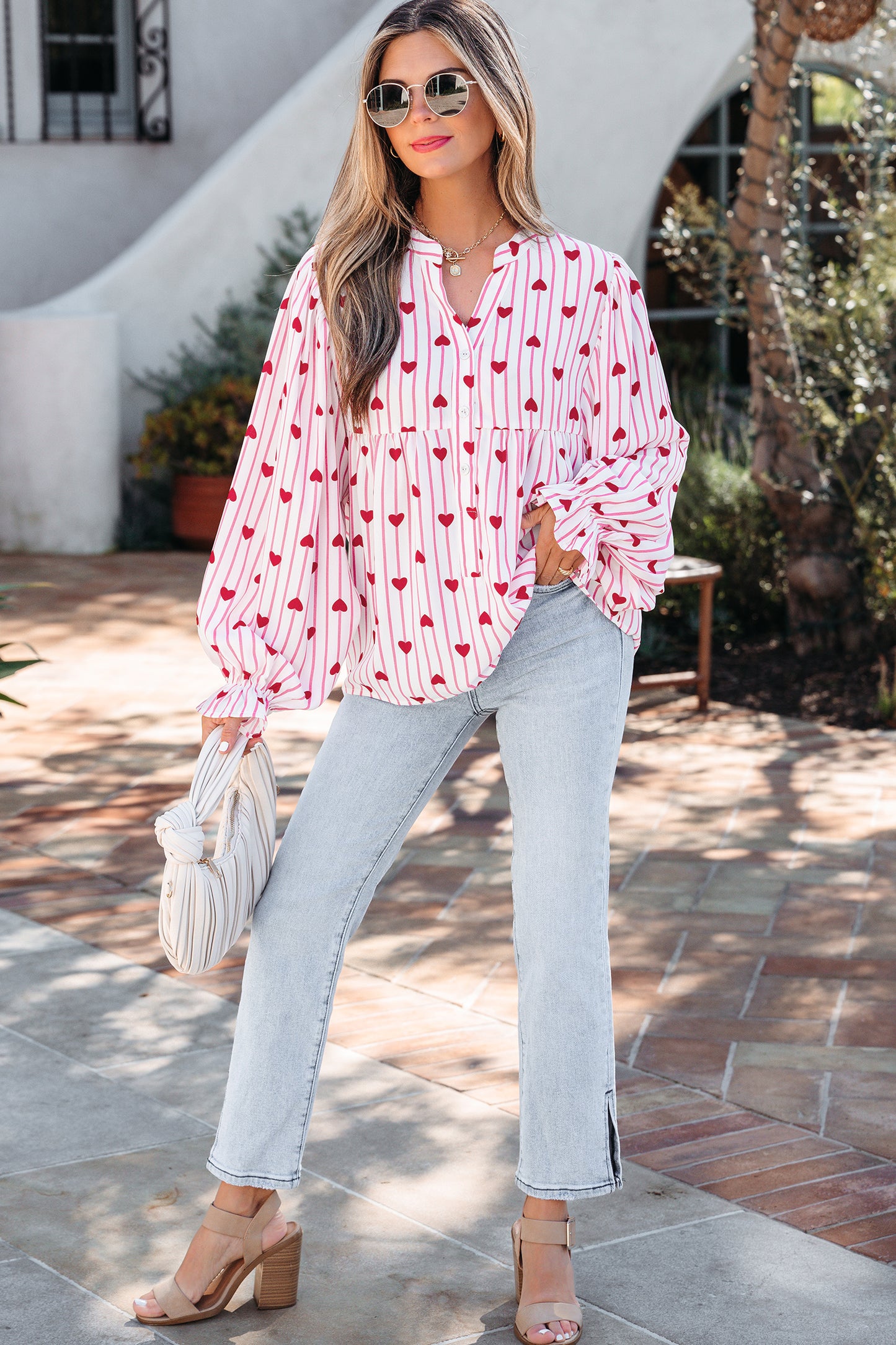 Pink Stripe Textured Heart Print Long Flounce Sleeve Shirt