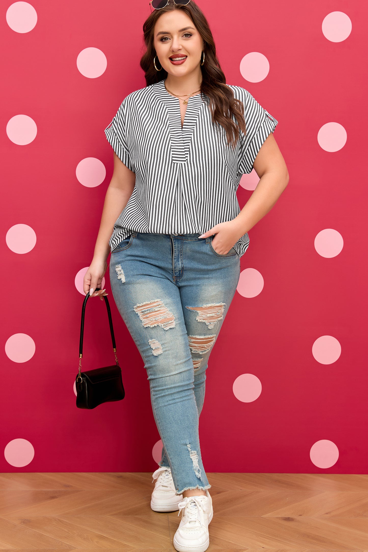 Black Stripe Plus Size V Neck Roll-Tab Short Dolman Sleeve Blouse-Plus Size/Plus Size Tops/Plus Size Blouses & Shirts-[Adult]-[Female]-2022 Online Blue Zone Planet