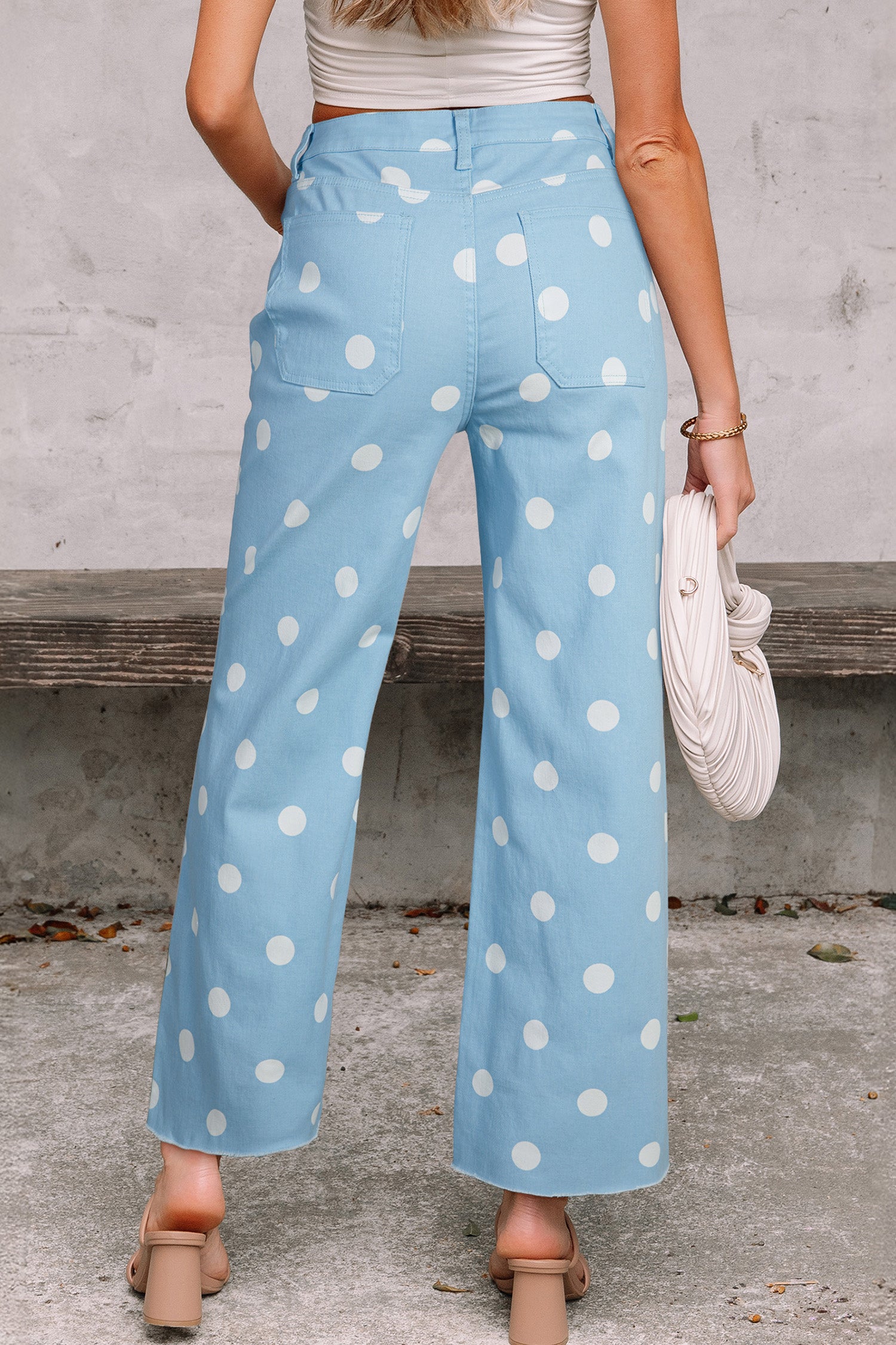 Sky Blue Polka Dot Print Raw Hem Shift Jeans-Bottoms/Jeans-[Adult]-[Female]-2022 Online Blue Zone Planet