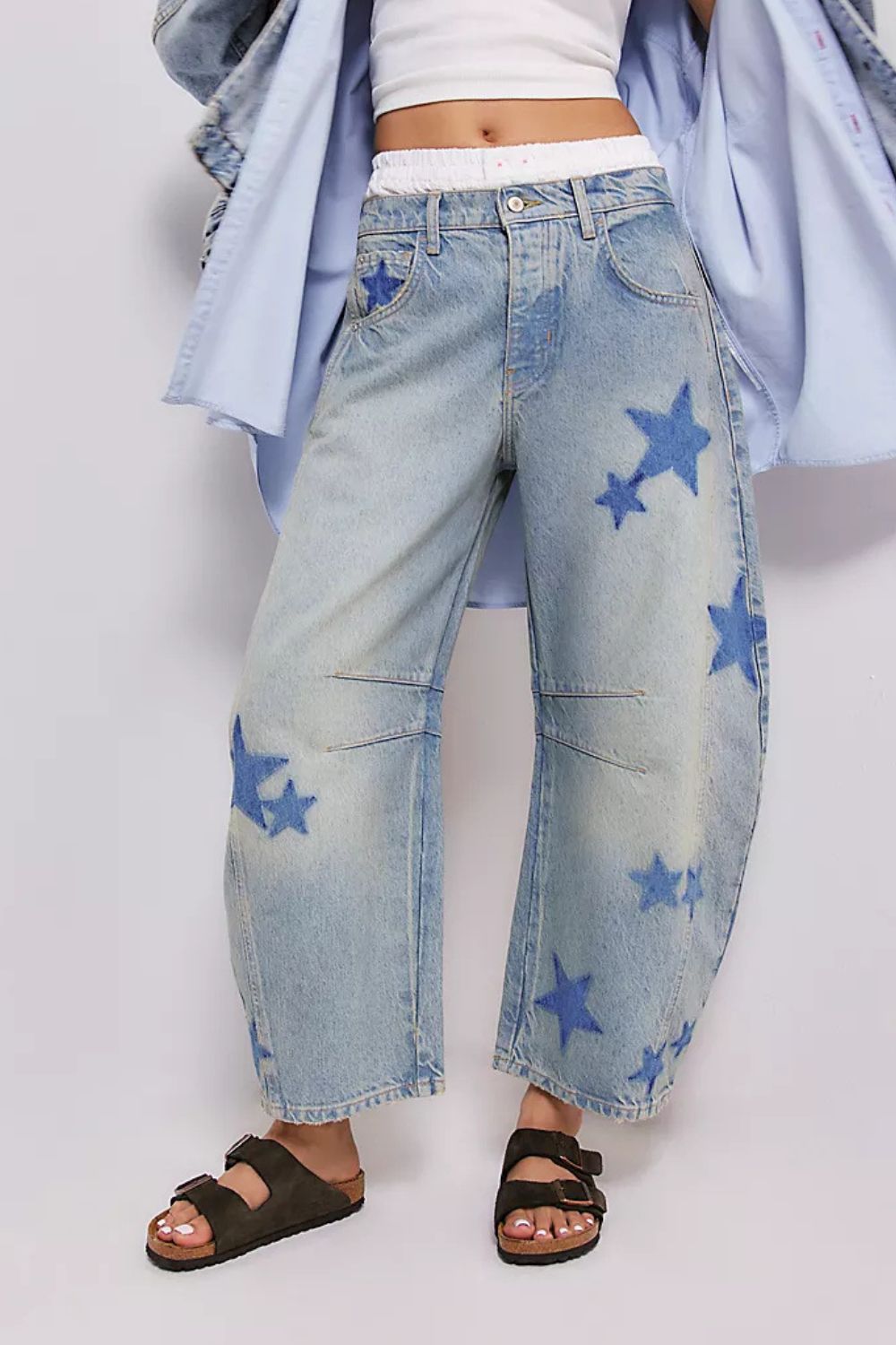 Contrast Star Wide Leg Jeans-BOTTOM SIZES SMALL MEDIUM LARGE-[Adult]-[Female]-Light-S-2022 Online Blue Zone Planet