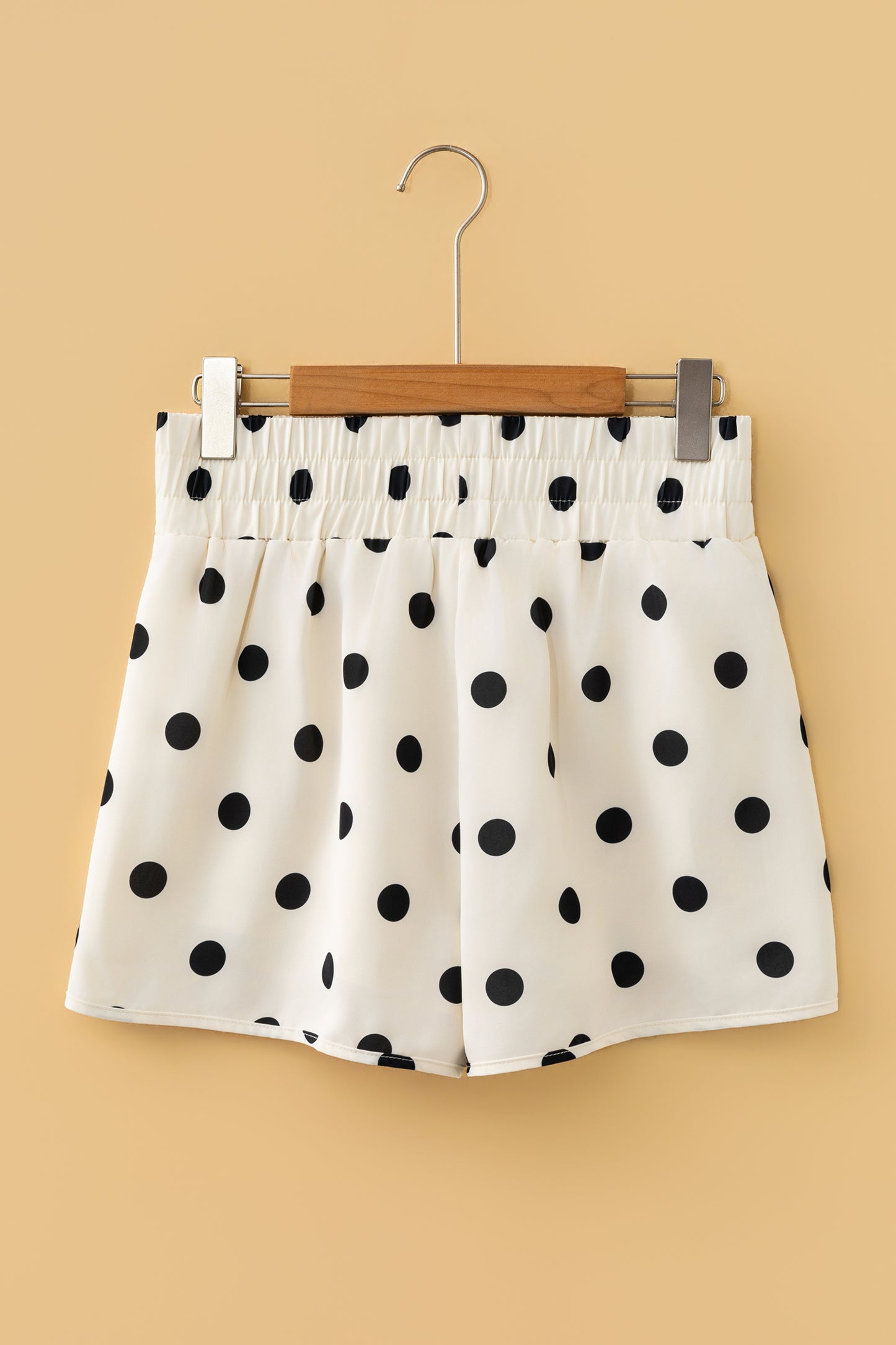 Apricot Polka Dot Print Shirred High Waist Casual Shorts-Bottoms/Casual Shorts-[Adult]-[Female]-2022 Online Blue Zone Planet