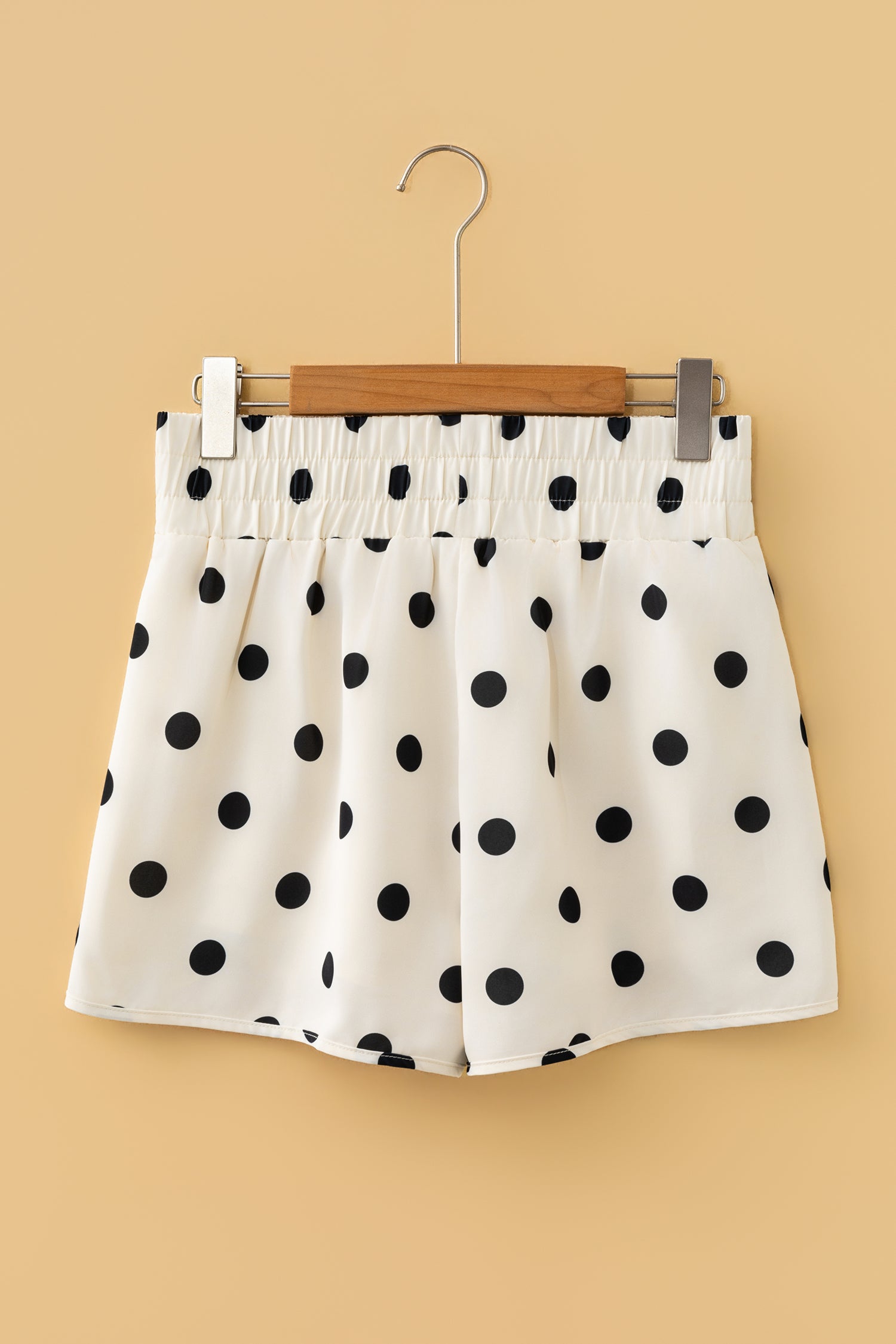 Apricot Polka Dot Print Shirred High Waist Casual Shorts-Bottoms/Casual Shorts-[Adult]-[Female]-2022 Online Blue Zone Planet