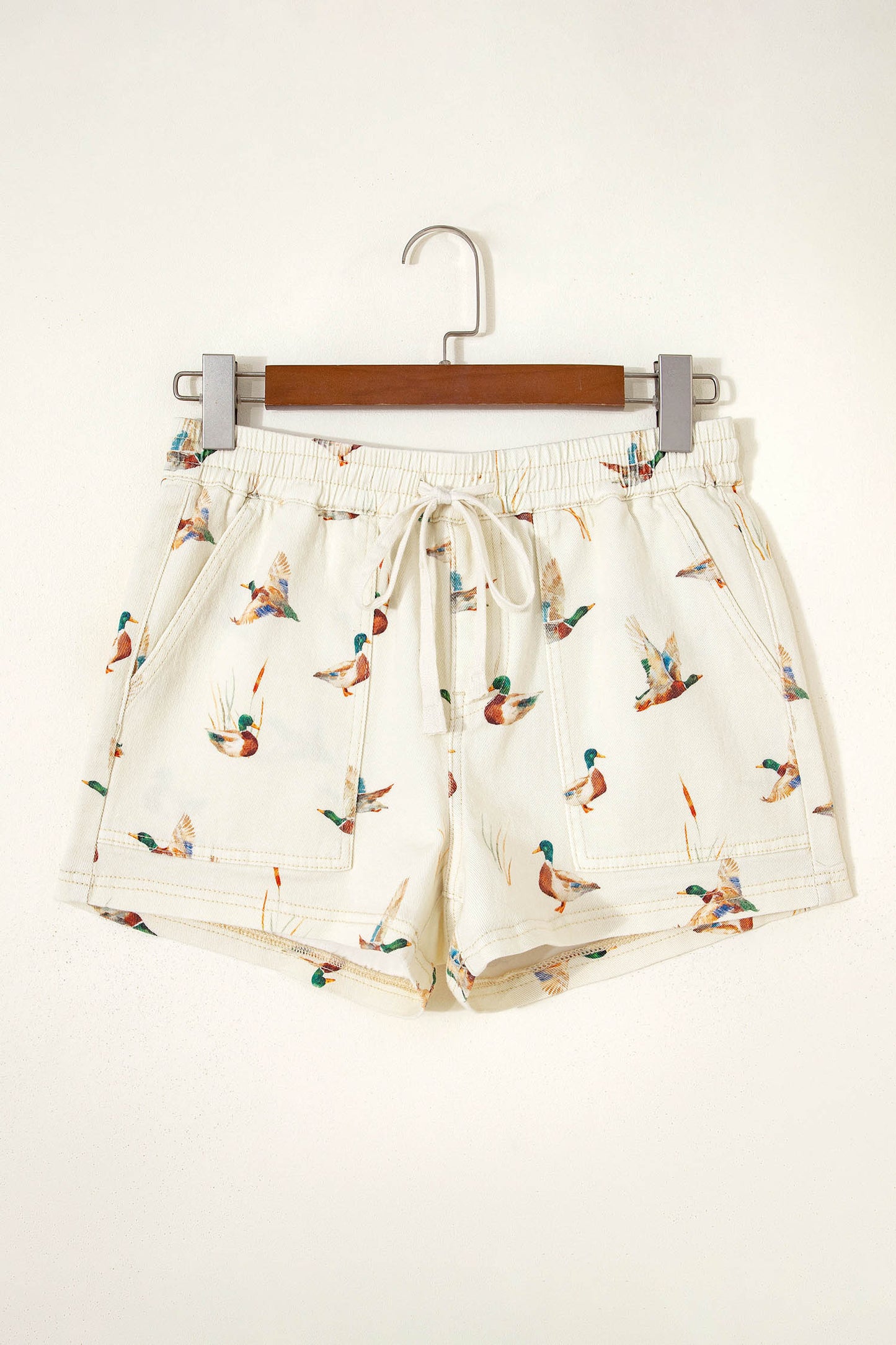 Beige Wild Duck Mallard Printed Drawstring Denim Shorts-Bottoms/Denim Shorts-[Adult]-[Female]-2022 Online Blue Zone Planet