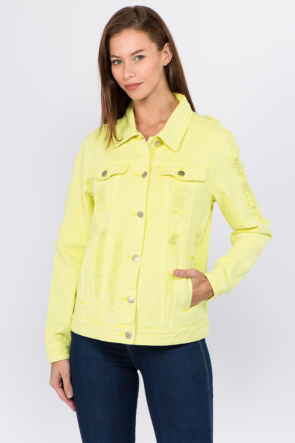 American Bazi Distressed Back Button Down Denim Jacket-TOPS / DRESSES-[Adult]-[Female]-Lime/Neon Yellow-S-2022 Online Blue Zone Planet