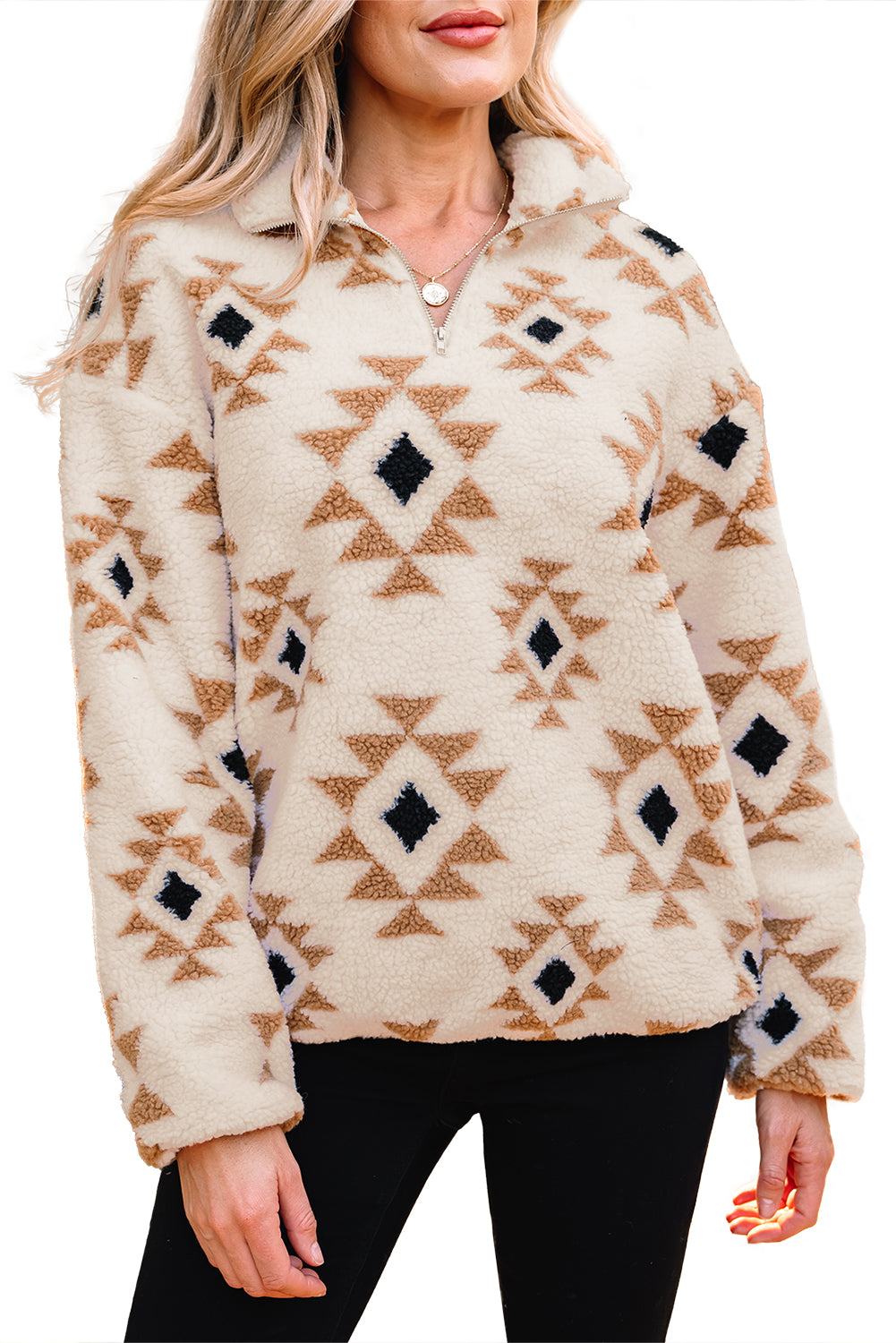 Khaki Aztec Print Sherpa Quarter Zip Collar Sweatshirt-Tops/Sweatshirts & Hoodies-[Adult]-[Female]-2022 Online Blue Zone Planet