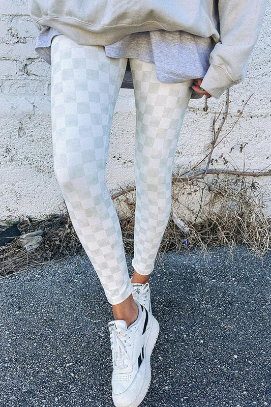 Checkered Elastic Waist Leggings-BOTTOMS SIZES SMALL MEDIUM LARGE-[Adult]-[Female]-White-S-2022 Online Blue Zone Planet