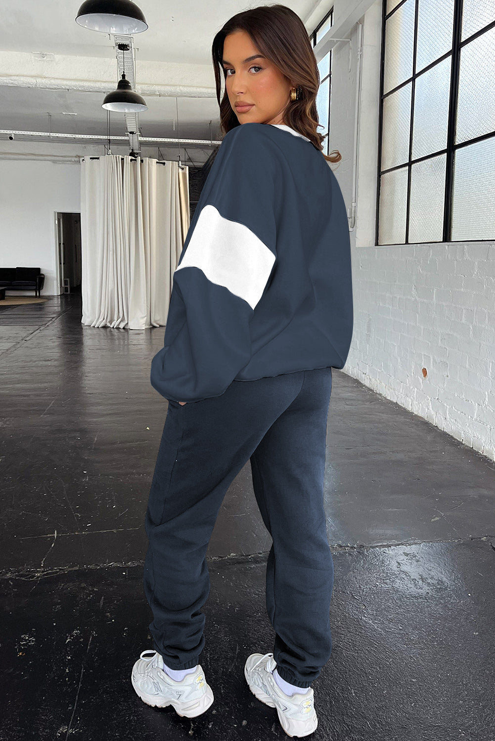 Navy Blue Drop Shoulder Loose Sweatshirt and Joggers Active Set-Activewear/Activewear Sets-[Adult]-[Female]-2022 Online Blue Zone Planet
