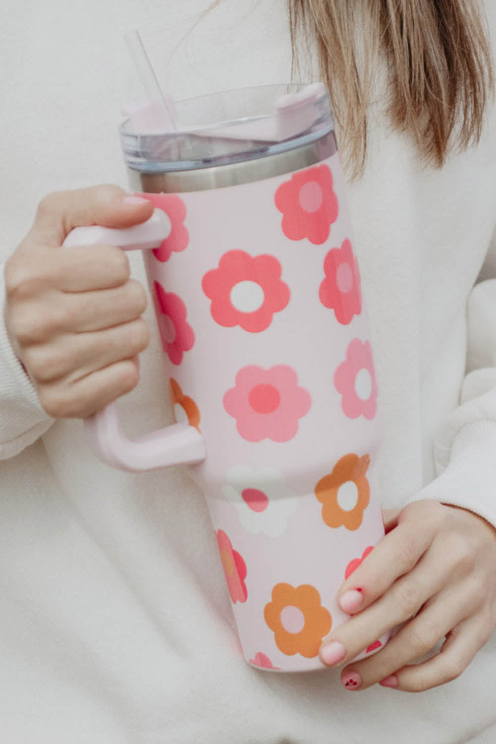 Multicolor Flower Print Handled Stainless Steel Vacuum Cup 40oz-Accessories/Tumblers-[Adult]-[Female]-2022 Online Blue Zone Planet