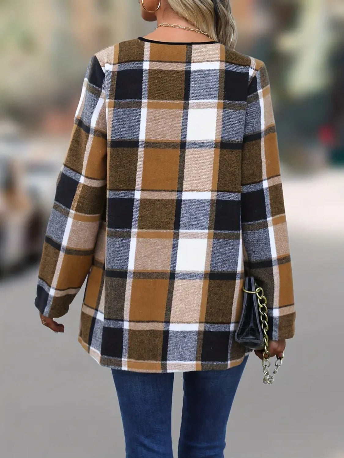 Plaid Open Front Long Sleeve Jacket-TOPS / DRESSES-[Adult]-[Female]-2022 Online Blue Zone Planet