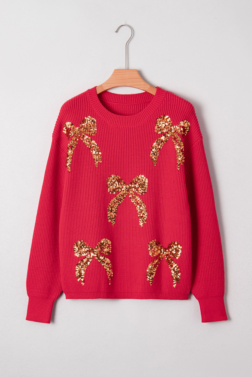 Fiery Red Sequin Bow Accent Drop Shoulder Festive Sweater-TOPS / DRESSES-[Adult]-[Female]-2022 Online Blue Zone Planet