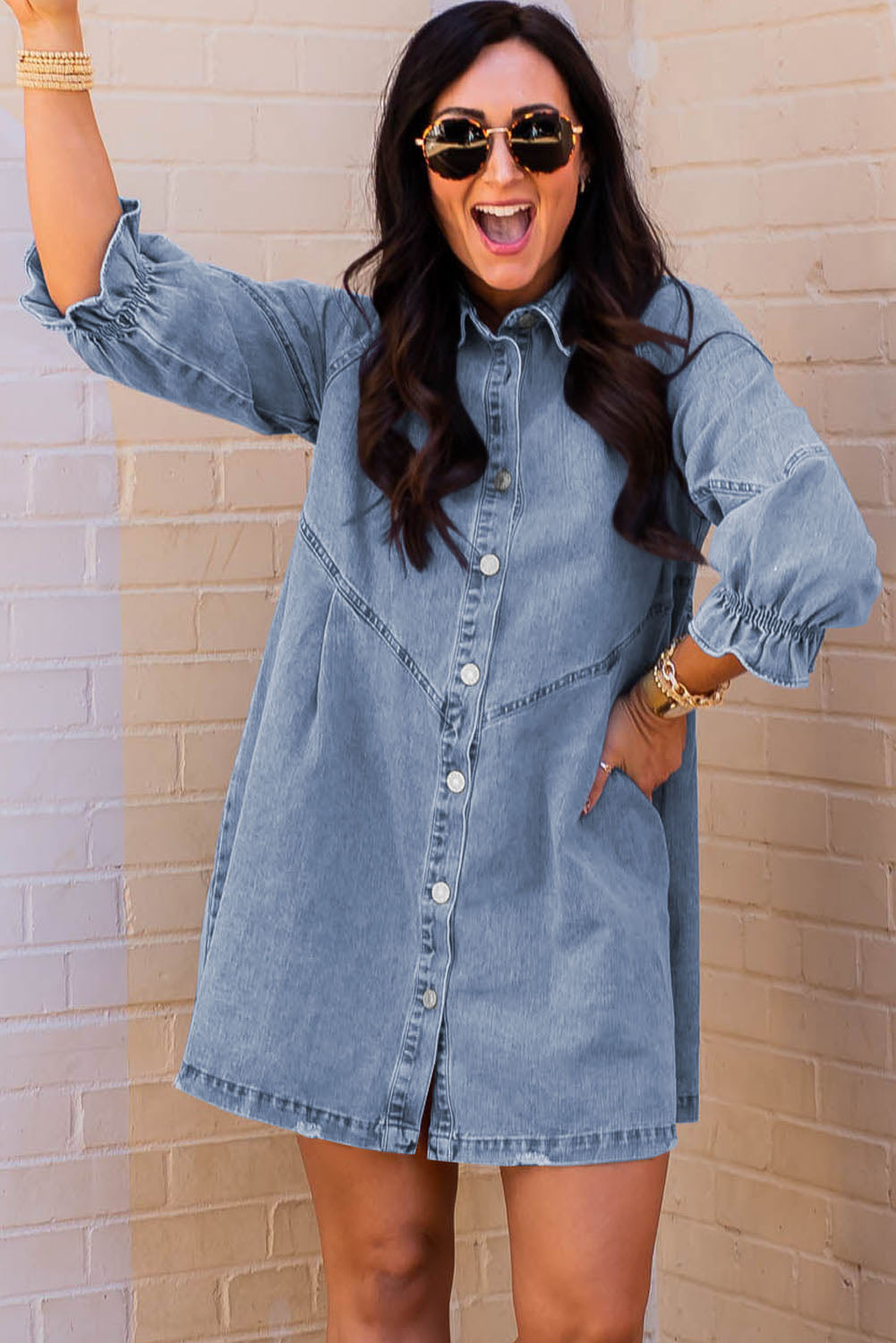 Blue Zone Planet | Sky Blue Buttoned Long Sleeve Denim Mini Dress-TOPS / DRESSES-[Adult]-[Female]-2022 Online Blue Zone Planet