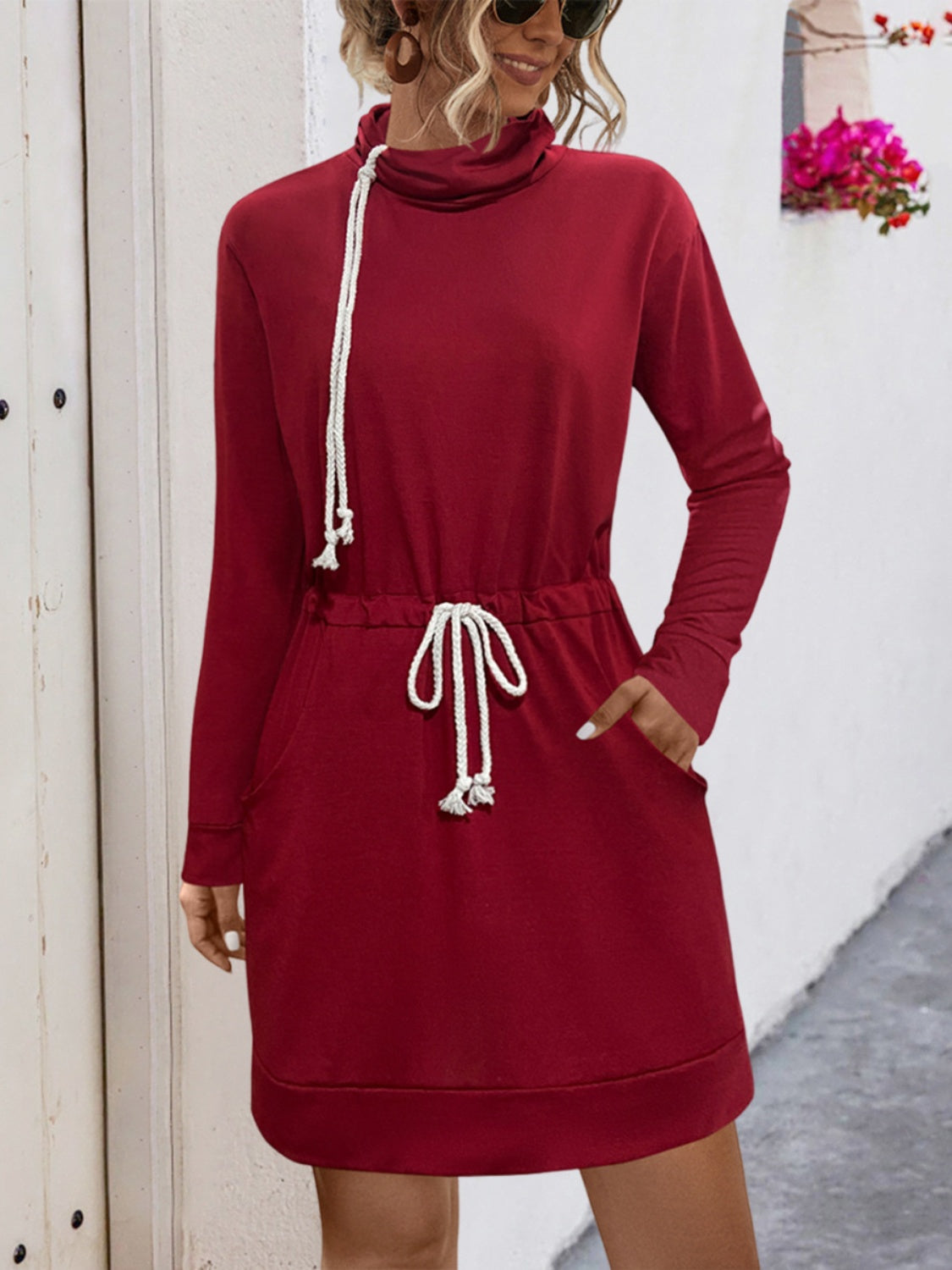 Drawstring Turtleneck Long Sleeve Mini Dress-TOPS / DRESSES-[Adult]-[Female]-Burgundy-S-2022 Online Blue Zone Planet