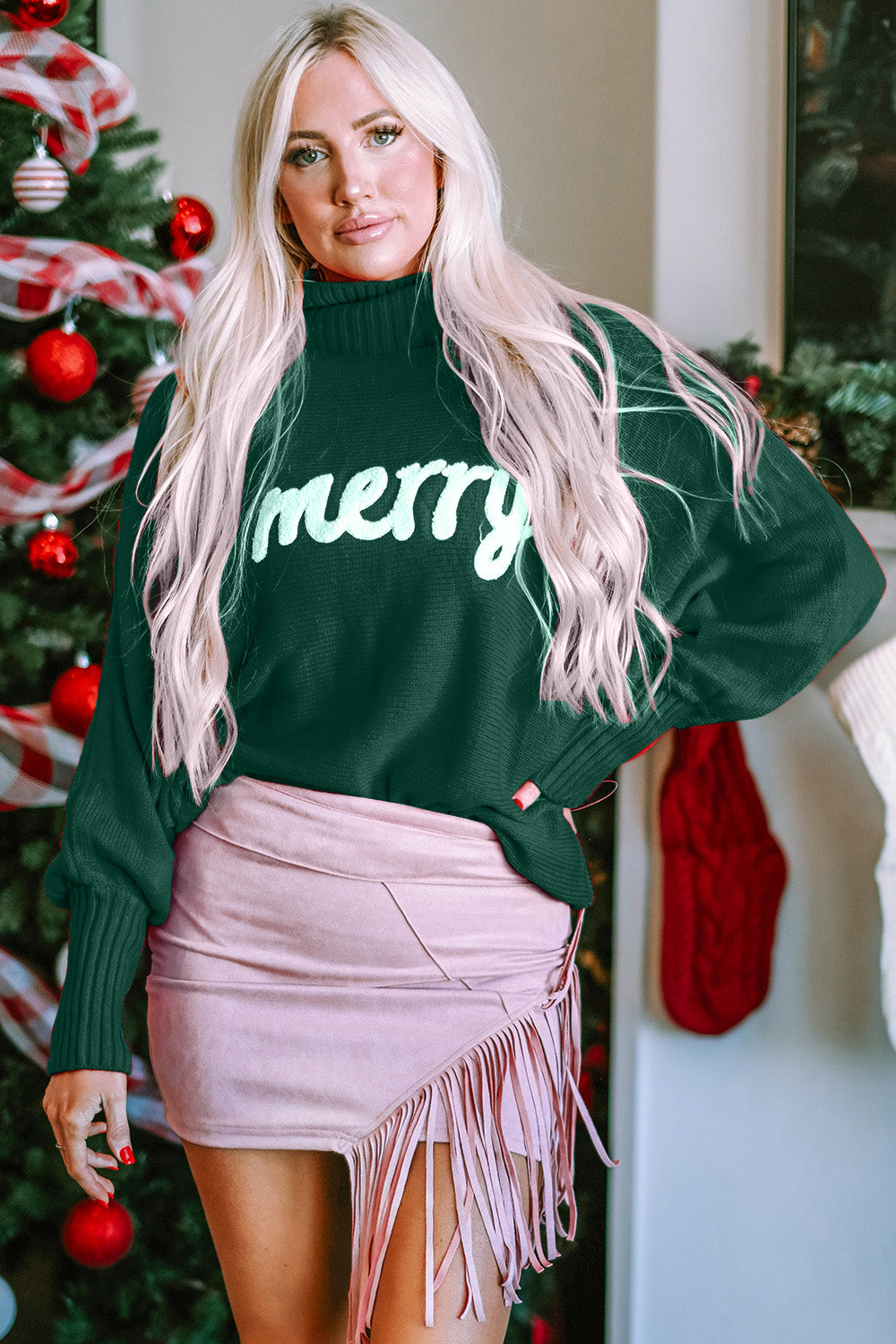 Double Take Full Size Merry Christmas Turtleneck Long Sleeve Sweater-TOPS / DRESSES-[Adult]-[Female]-2022 Online Blue Zone Planet