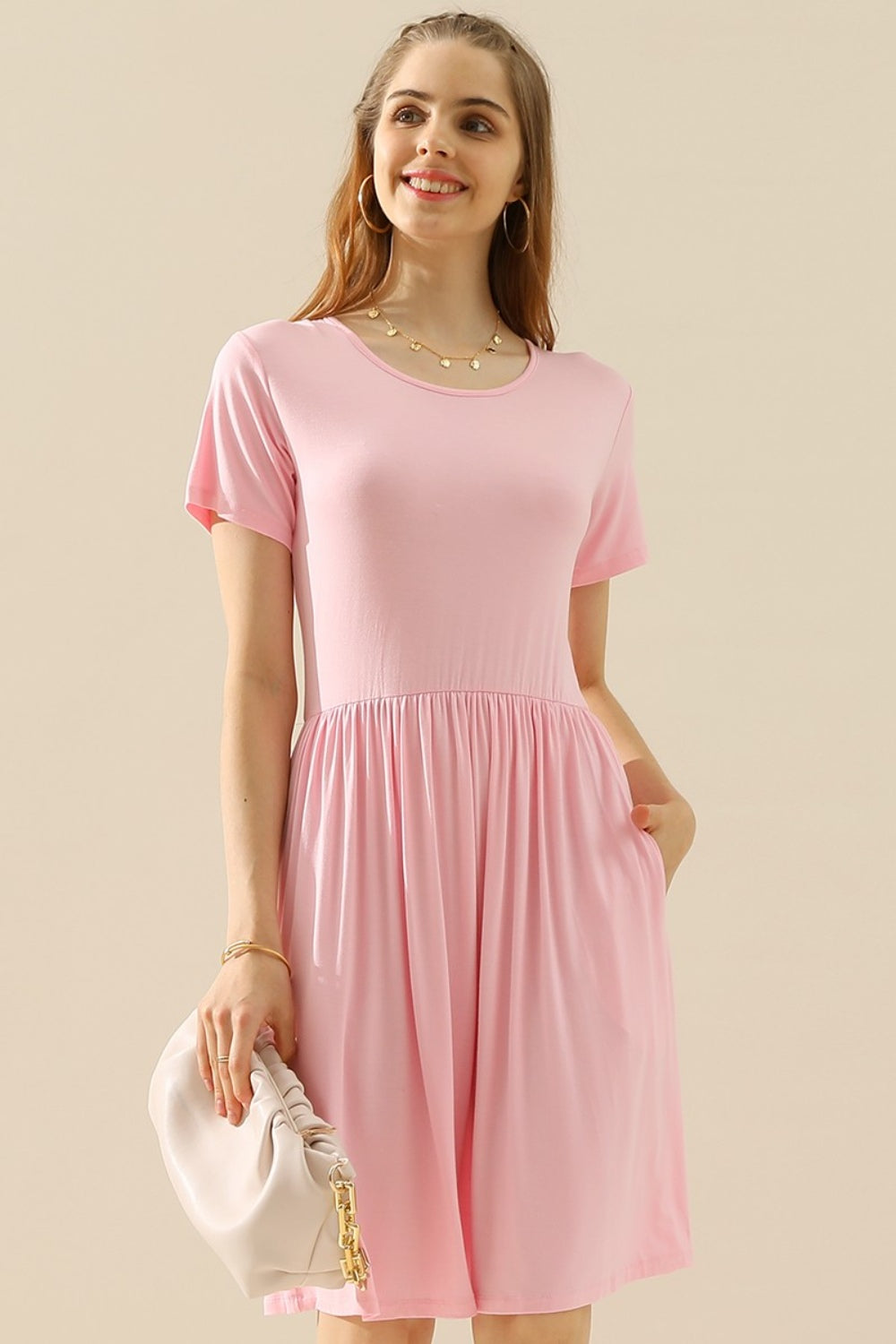 Ninexis Full Size Round Neck Ruched Dress with Pockets-TOPS / DRESSES-[Adult]-[Female]-LT PINK-S-2022 Online Blue Zone Planet