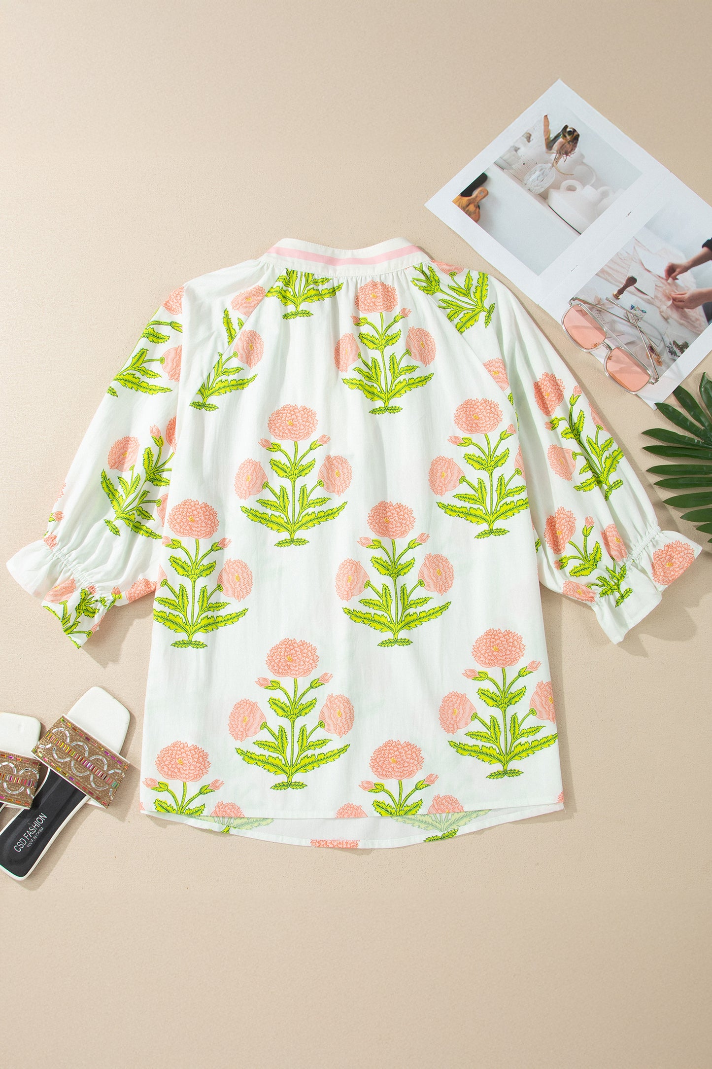 Pink Plus Size Floral Print Striped Trim V Neck Blouse-Plus Size/Plus Size Tops/Plus Size Blouses & Shirts-[Adult]-[Female]-2022 Online Blue Zone Planet