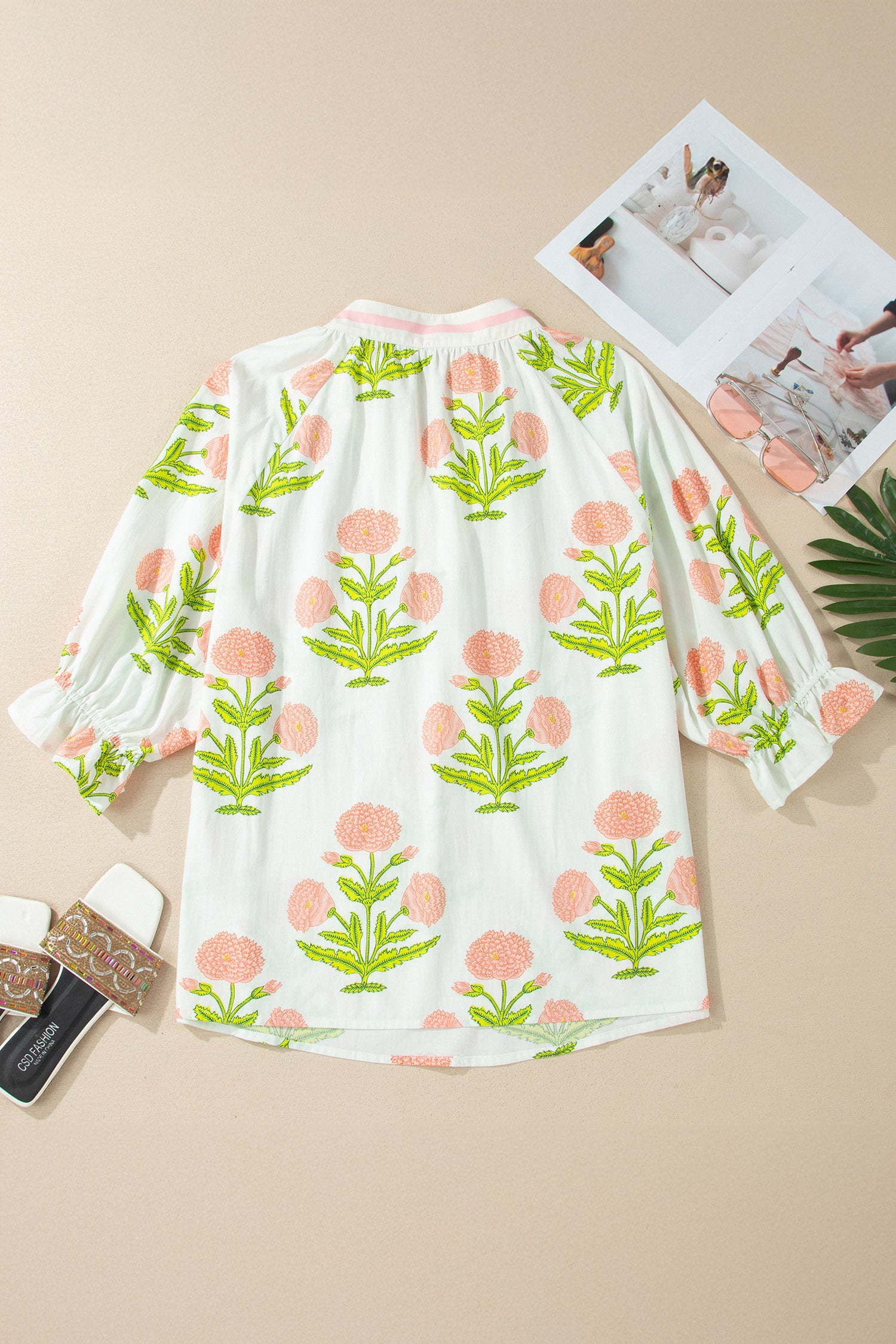 Pink Plus Size Floral Print Striped Trim V Neck Blouse-Plus Size/Plus Size Tops/Plus Size Blouses & Shirts-[Adult]-[Female]-2022 Online Blue Zone Planet