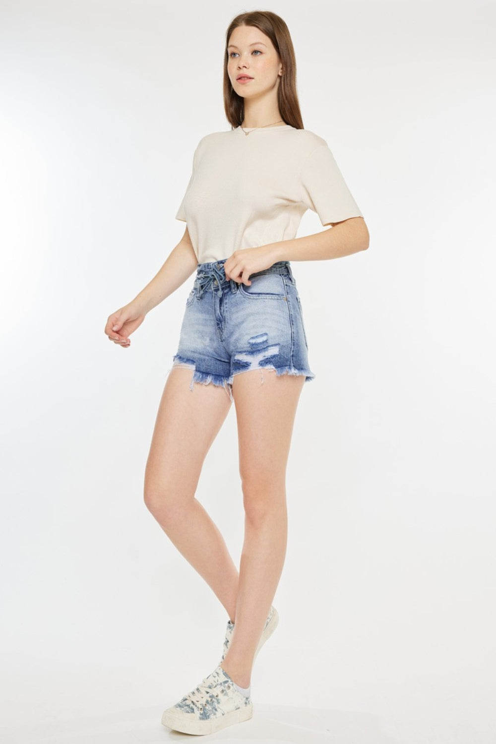 Blue Zone Planet | Kancan High Rise Frayed Hem Denim Shorts-BOTTOMS SIZES SMALL MEDIUM LARGE-[Adult]-[Female]-2022 Online Blue Zone Planet