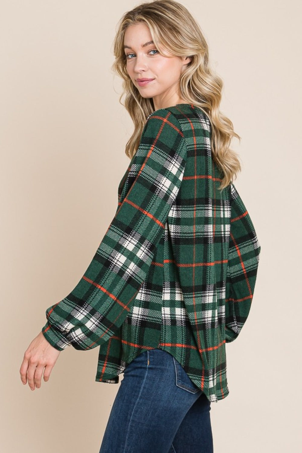 Blue Zone Planet | BOMBOM Curved Hem Plaid Round Neck Long Sleeve Top-TOPS / DRESSES-[Adult]-[Female]-2022 Online Blue Zone Planet