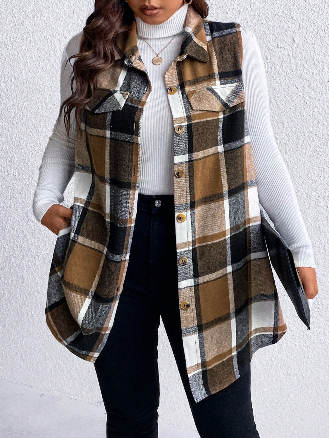 Honey Plus Size Pocketed Plaid Button Up Vest Coat-TOPS / DRESSES-[Adult]-[Female]-2022 Online Blue Zone Planet