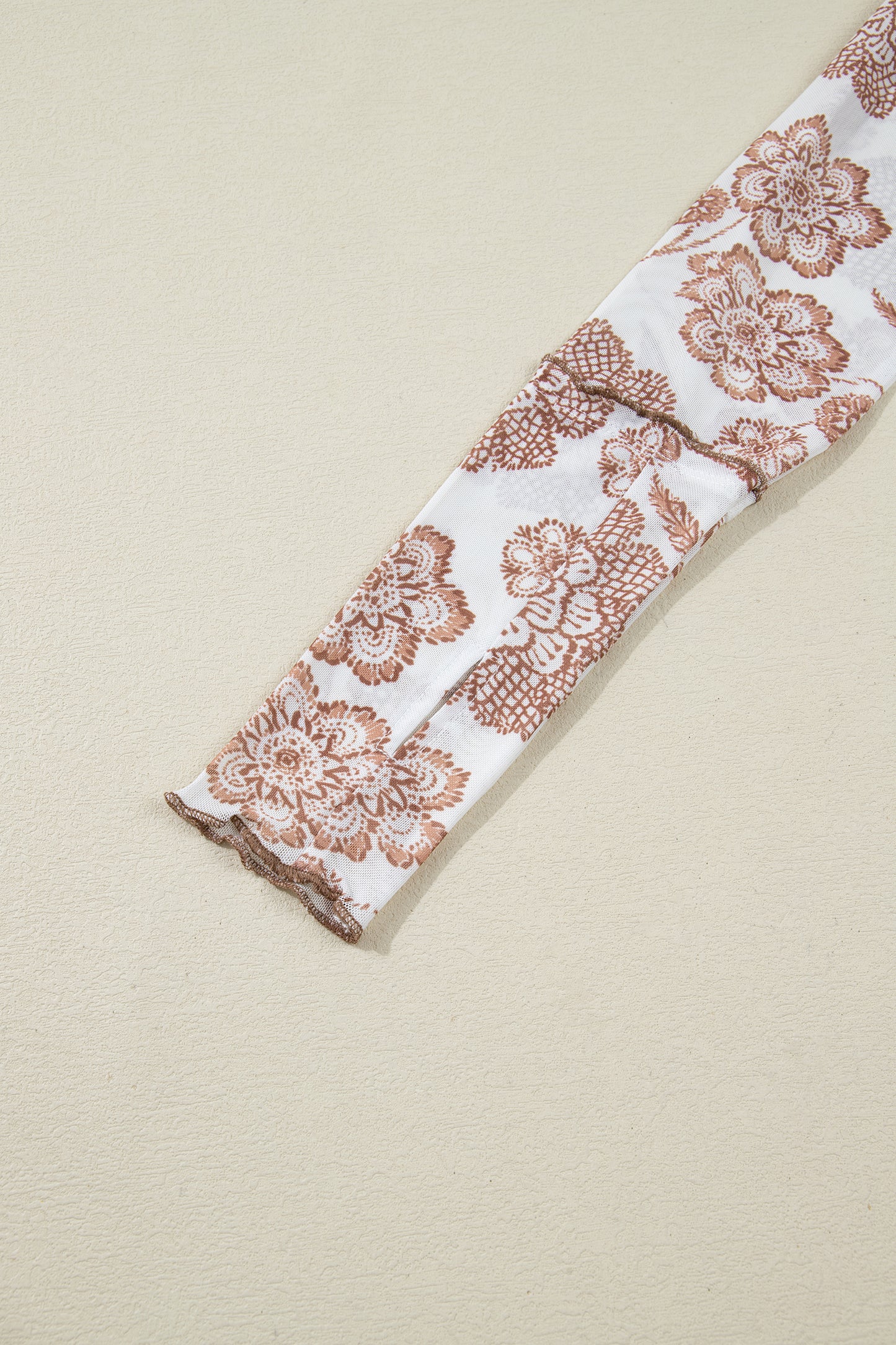 Brown Thumbhole Long Sleeve Floral Print Mesh Top-Tops/Long Sleeve Tops-[Adult]-[Female]-2022 Online Blue Zone Planet