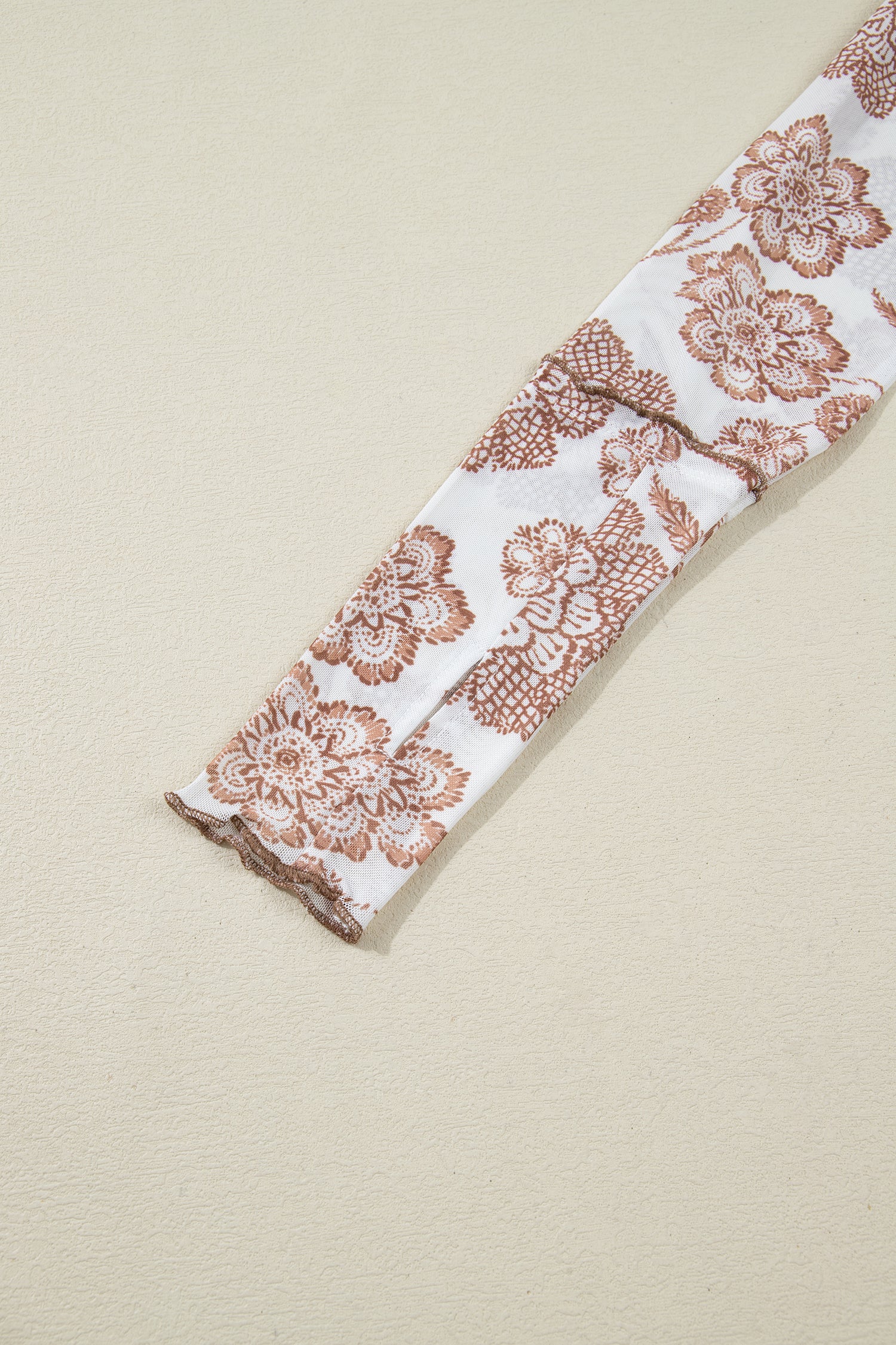 Brown Thumbhole Long Sleeve Floral Print Mesh Top-Tops/Long Sleeve Tops-[Adult]-[Female]-2022 Online Blue Zone Planet