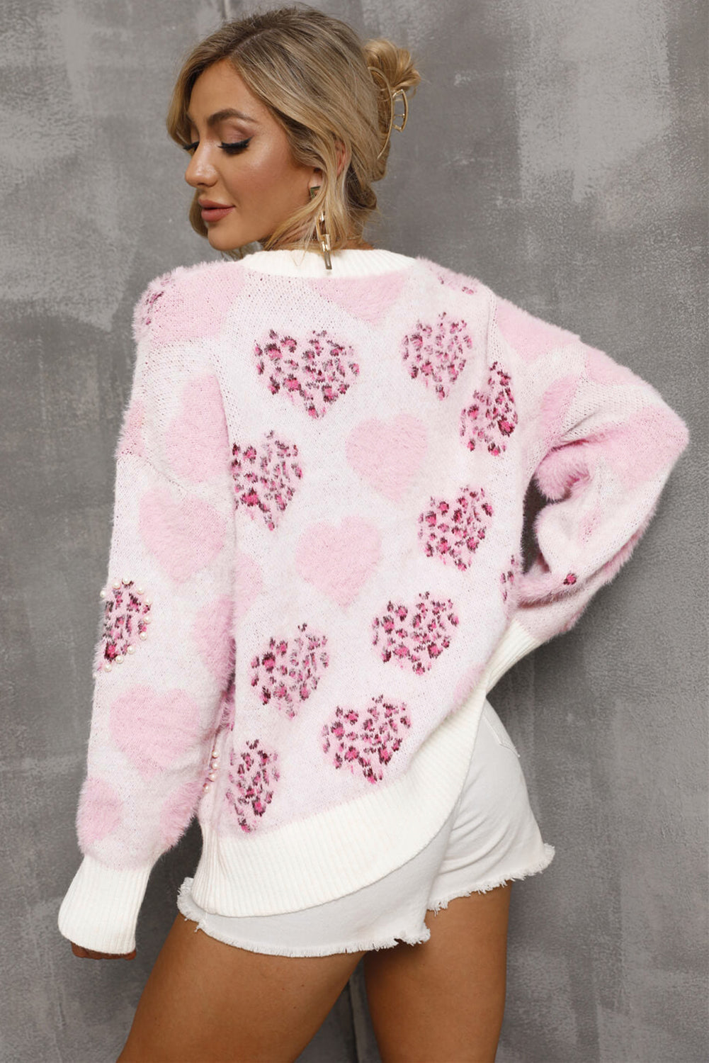 Blue Zone Planet | Pink Heart Leopard Print Pearled Ribbed Trim Fuzzy Sweater-Sweaters & Cardigans/Sweaters-[Adult]-[Female]-2022 Online Blue Zone Planet