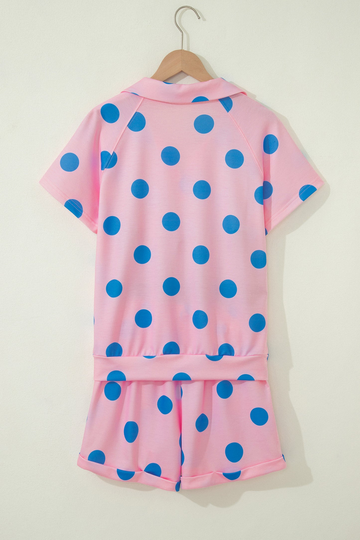 Beige Polka Dot Print V Neck Tee Short Set-Two Piece Sets/Short Sets-[Adult]-[Female]-2022 Online Blue Zone Planet