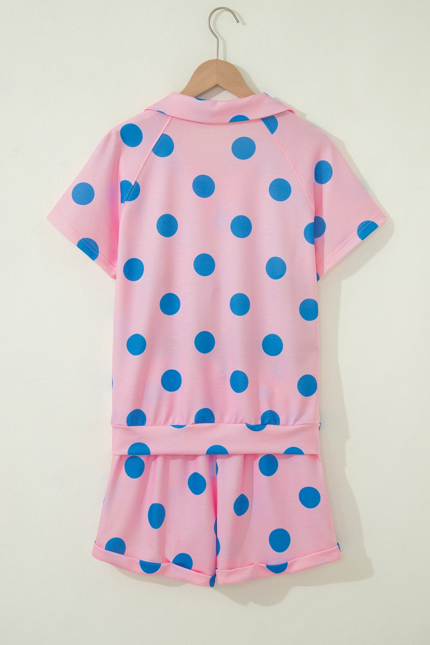 Beige Polka Dot Print V Neck Tee Short Set-Two Piece Sets/Short Sets-[Adult]-[Female]-2022 Online Blue Zone Planet