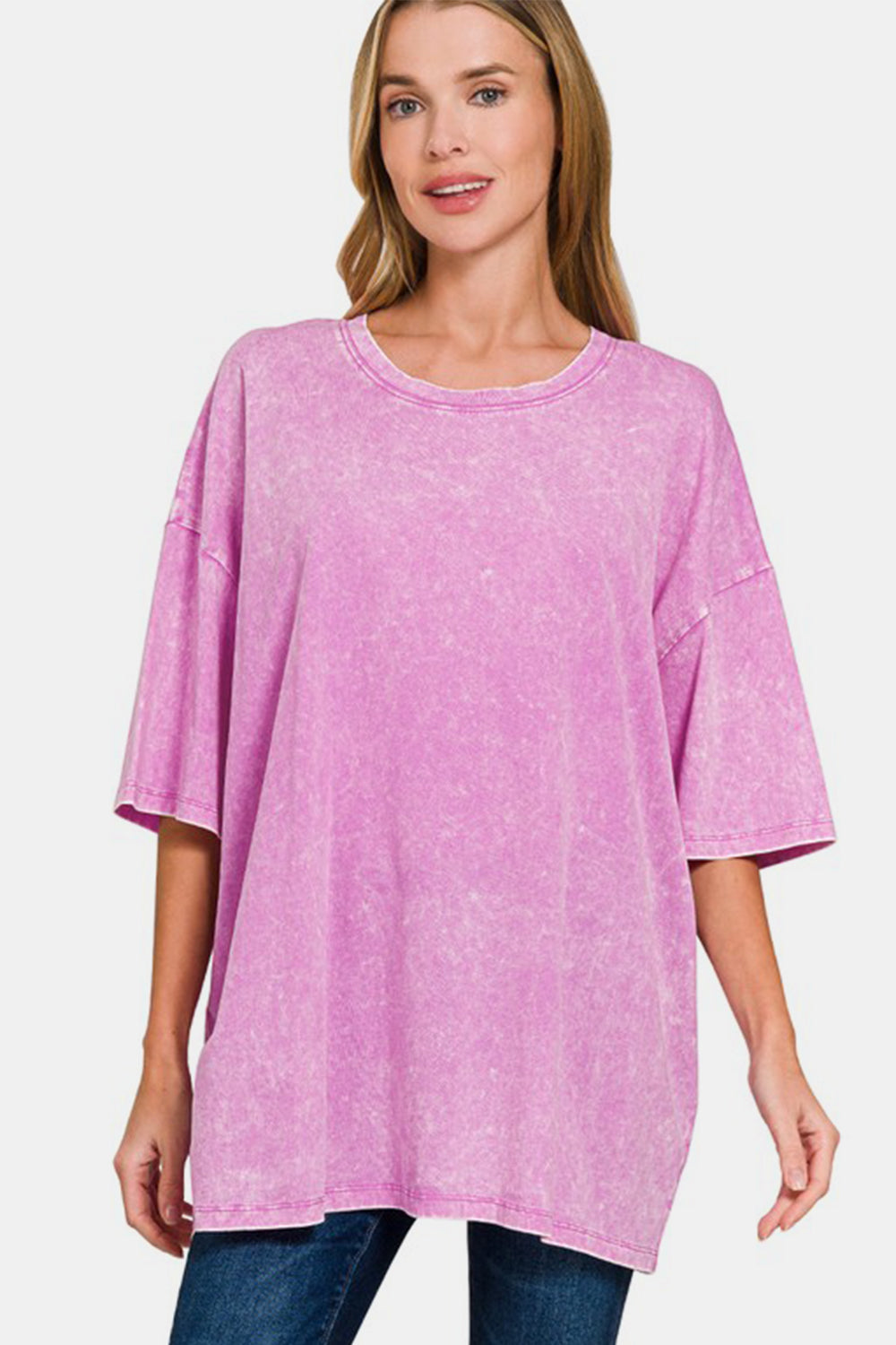 Zenana Full Size Washed Round Neck Drop Shoulder Oversized T-Shirt-TOPS / DRESSES-[Adult]-[Female]-Moonlit Mauve-S/M-2022 Online Blue Zone Planet