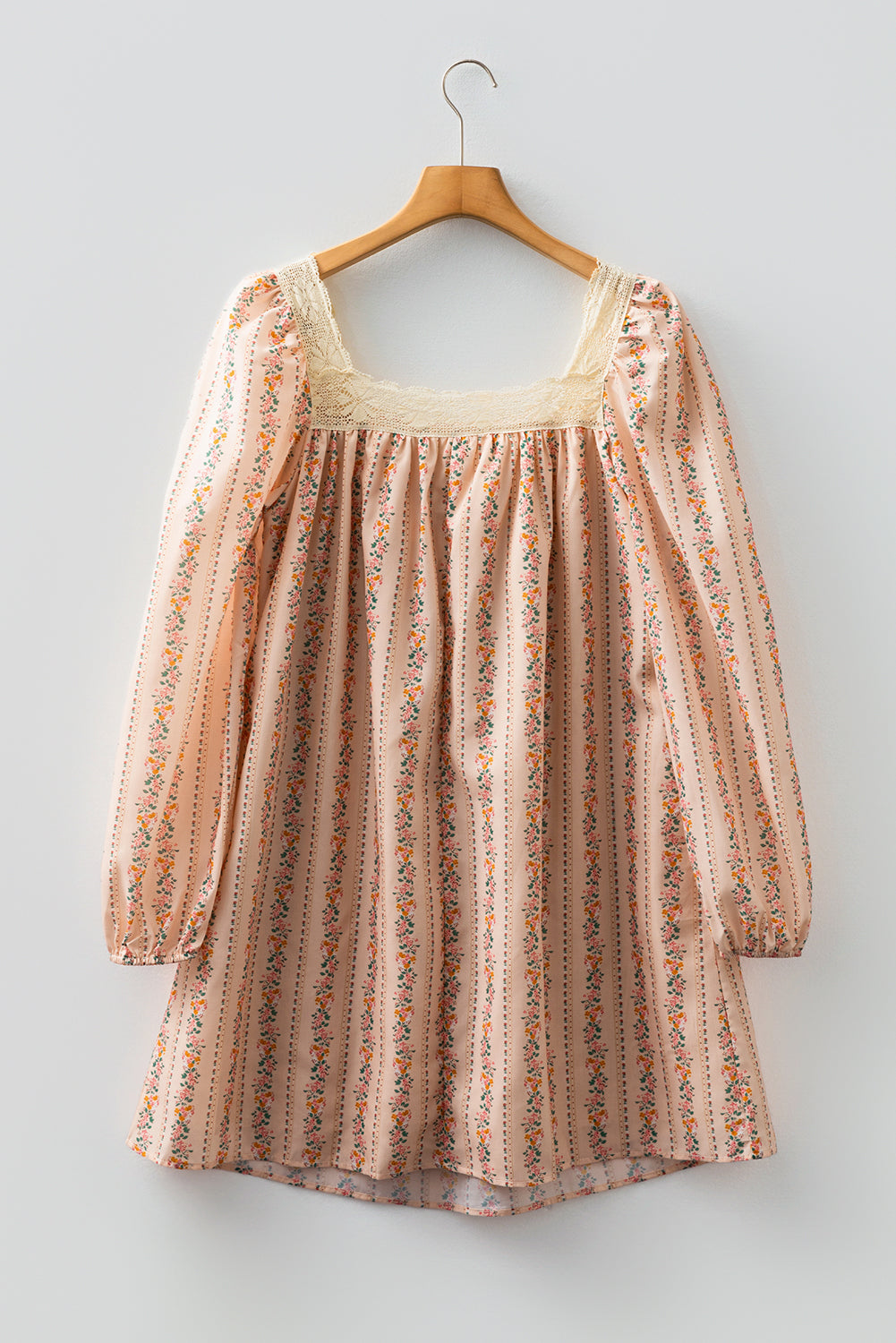 Khaki Floral Print Contrast Velvet Bow Lace Patchwork Long Sleeve Loose Mini Dress-TOPS / DRESSES-[Adult]-[Female]-2022 Online Blue Zone Planet