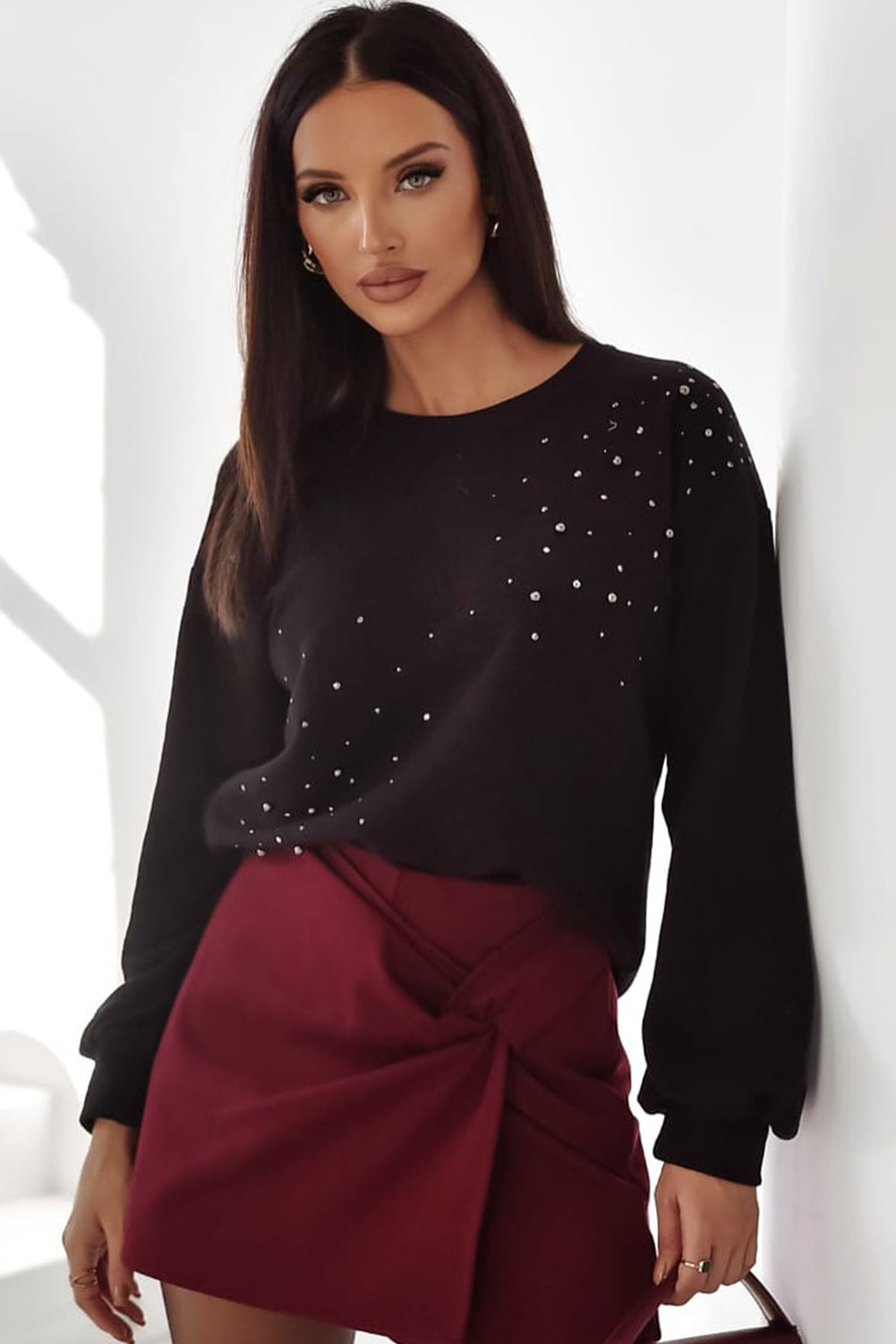 Black Rhinestone Embellished Drop Shoulder Ribbed Cuffs Wholesale Sweatshirt-Tops/Sweatshirts & Hoodies-[Adult]-[Female]-2022 Online Blue Zone Planet