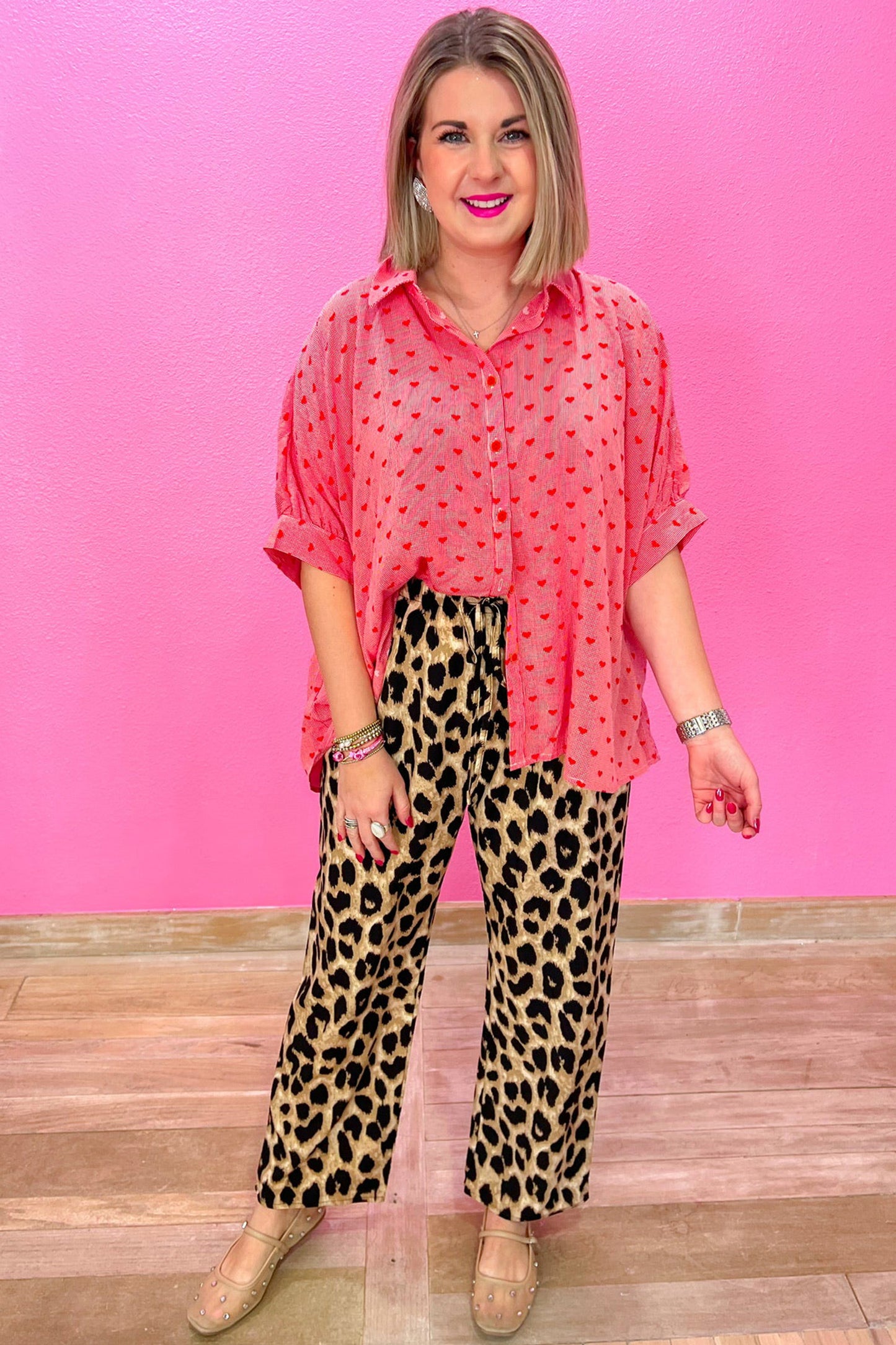 Red Heart Shape Print Half Sleeve Loose Valentine Shirt