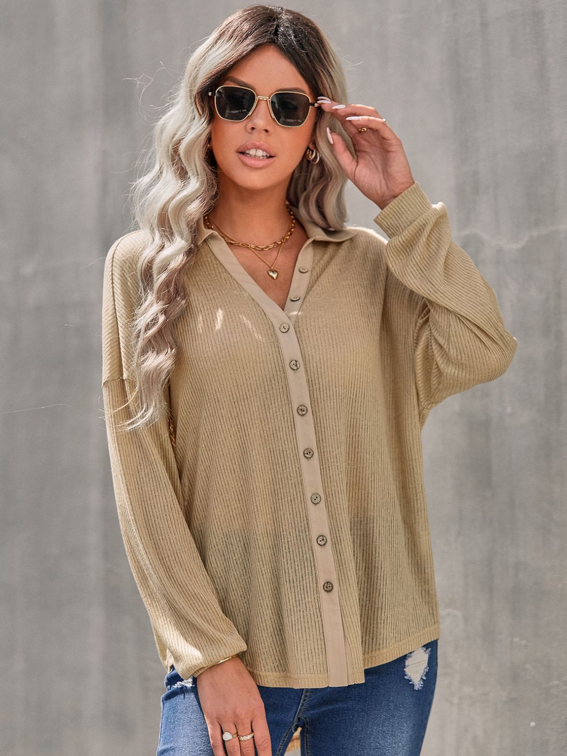 Blue Zone Planet | Collared Neck Button Down Long Sleeve Shirt-TOPS / DRESSES-[Adult]-[Female]-Tan-S-2022 Online Blue Zone Planet