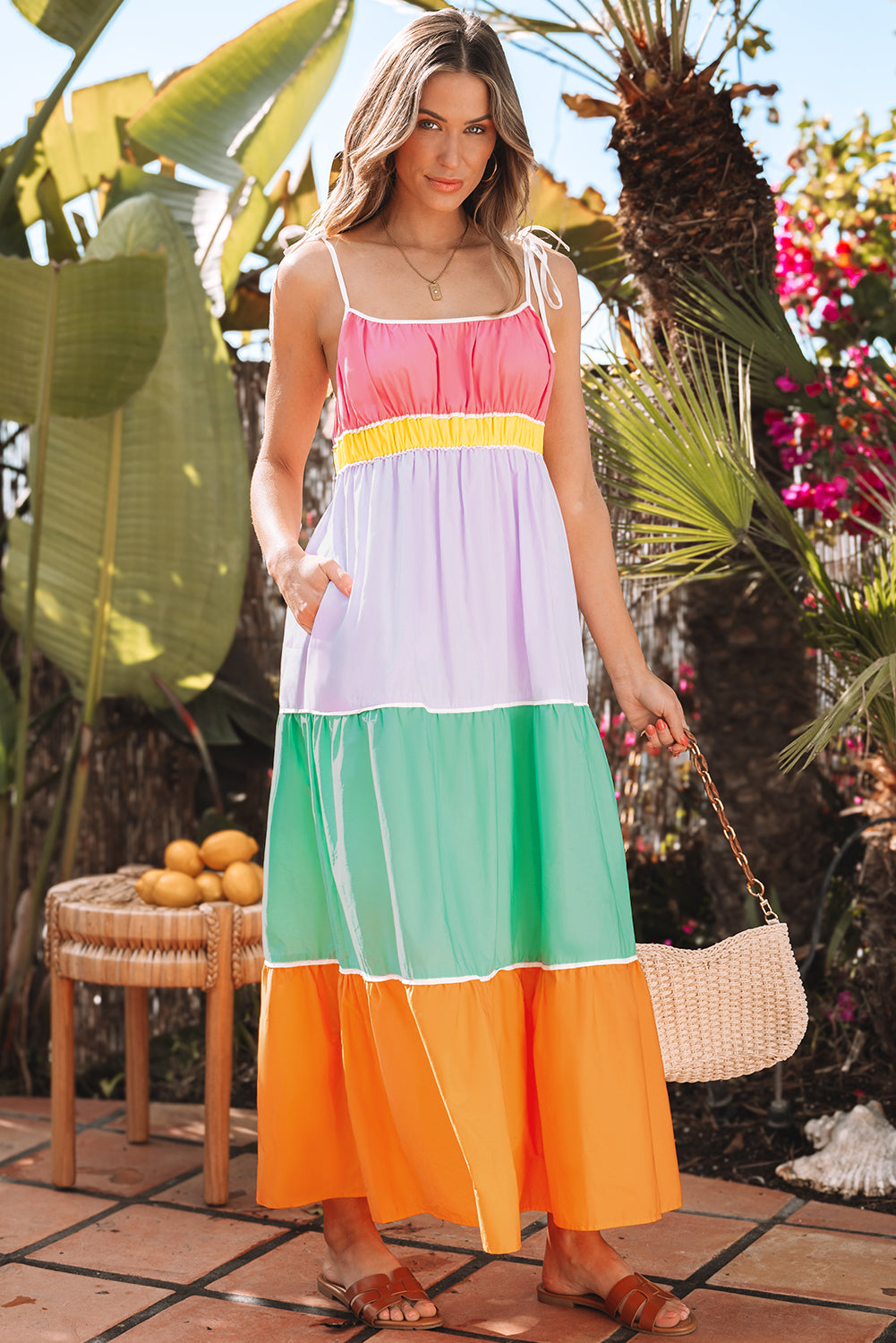 Multicolour Colorblock Self-tie Straps High Waist Flowy Maxi Dress with Pockets-Dresses/Maxi Dresses-[Adult]-[Female]-2022 Online Blue Zone Planet