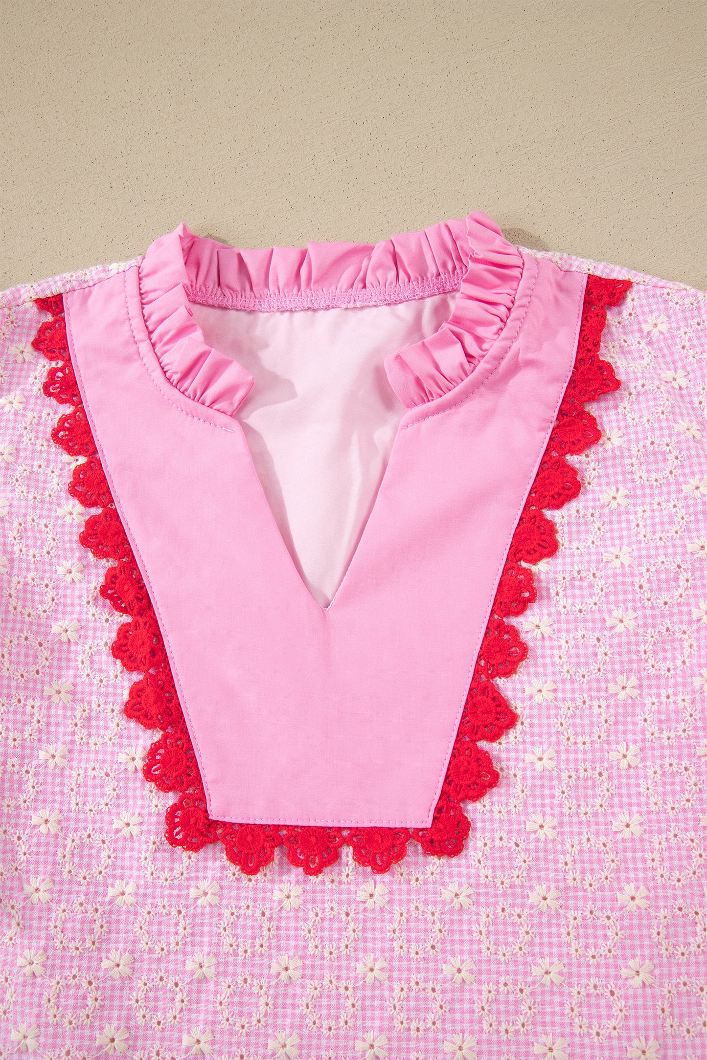 Pink Eyelet Embroidered Flower Texture Contrast Lace Trim Flutter Sleeve Blouse-Tops/Blouses & Shirts-[Adult]-[Female]-2022 Online Blue Zone Planet