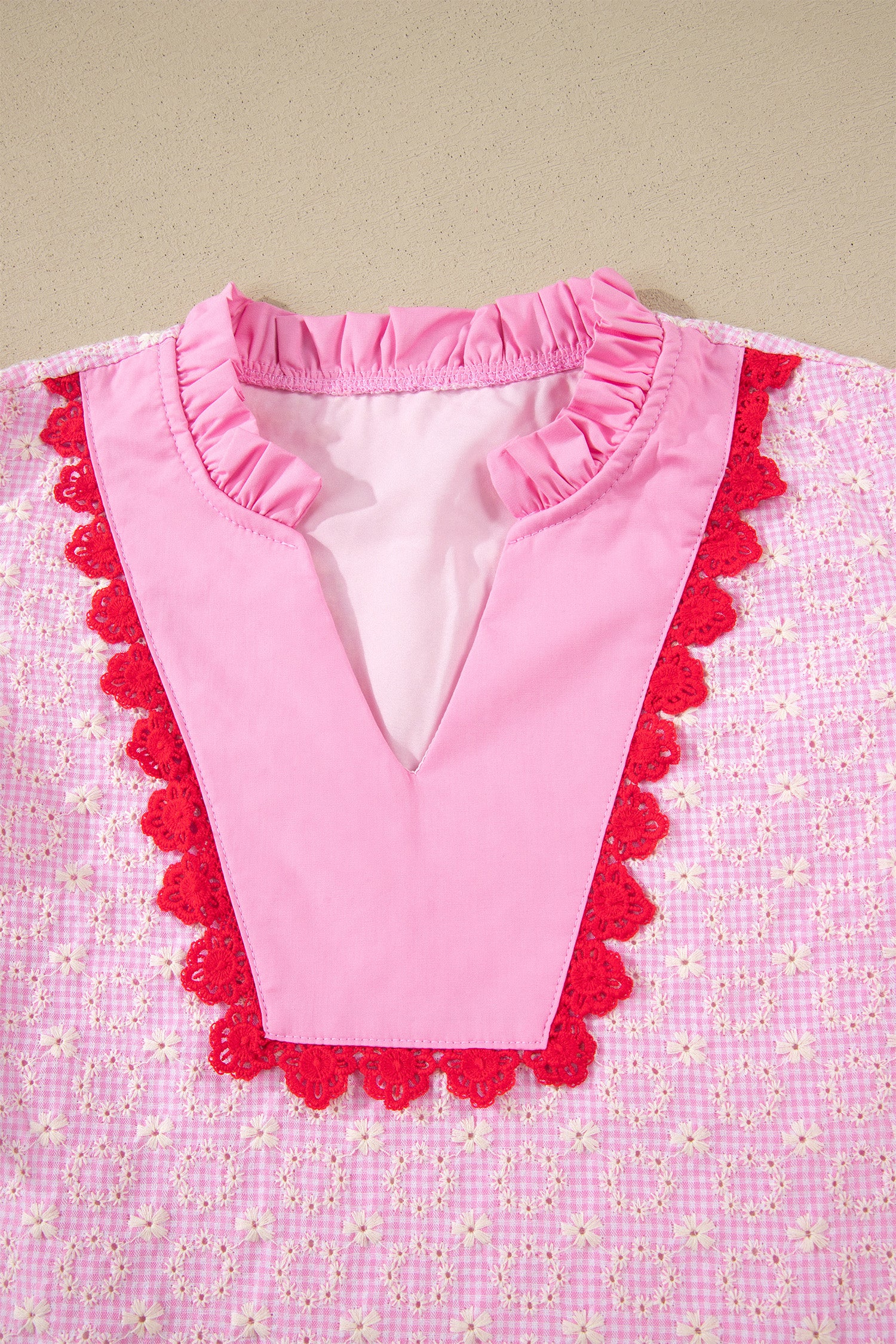 Pink Eyelet Embroidered Flower Texture Contrast Lace Trim Flutter Sleeve Blouse-Tops/Blouses & Shirts-[Adult]-[Female]-2022 Online Blue Zone Planet