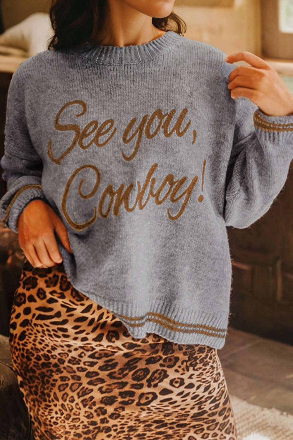 Light Grey See You Cowboy Embroidered Western Graphic Sweater-TOPS / DRESSES-[Adult]-[Female]-2022 Online Blue Zone Planet