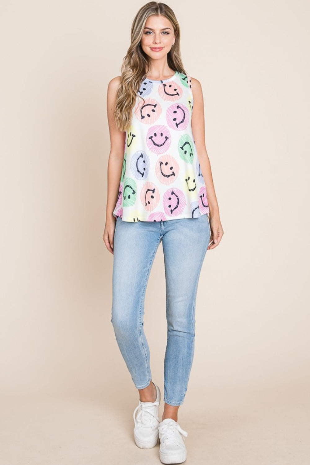 BOMBOM Smiley Face Round Neck Tank-TOPS / DRESSES-[Adult]-[Female]-2022 Online Blue Zone Planet