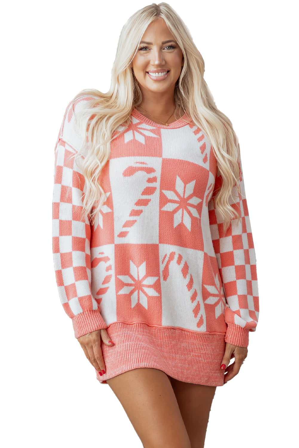 Pink Candycane Snowflake Checker Christmas Holiday Drop Shoulder Tunic Loose Sweater-TOPS / DRESSES-[Adult]-[Female]-2022 Online Blue Zone Planet
