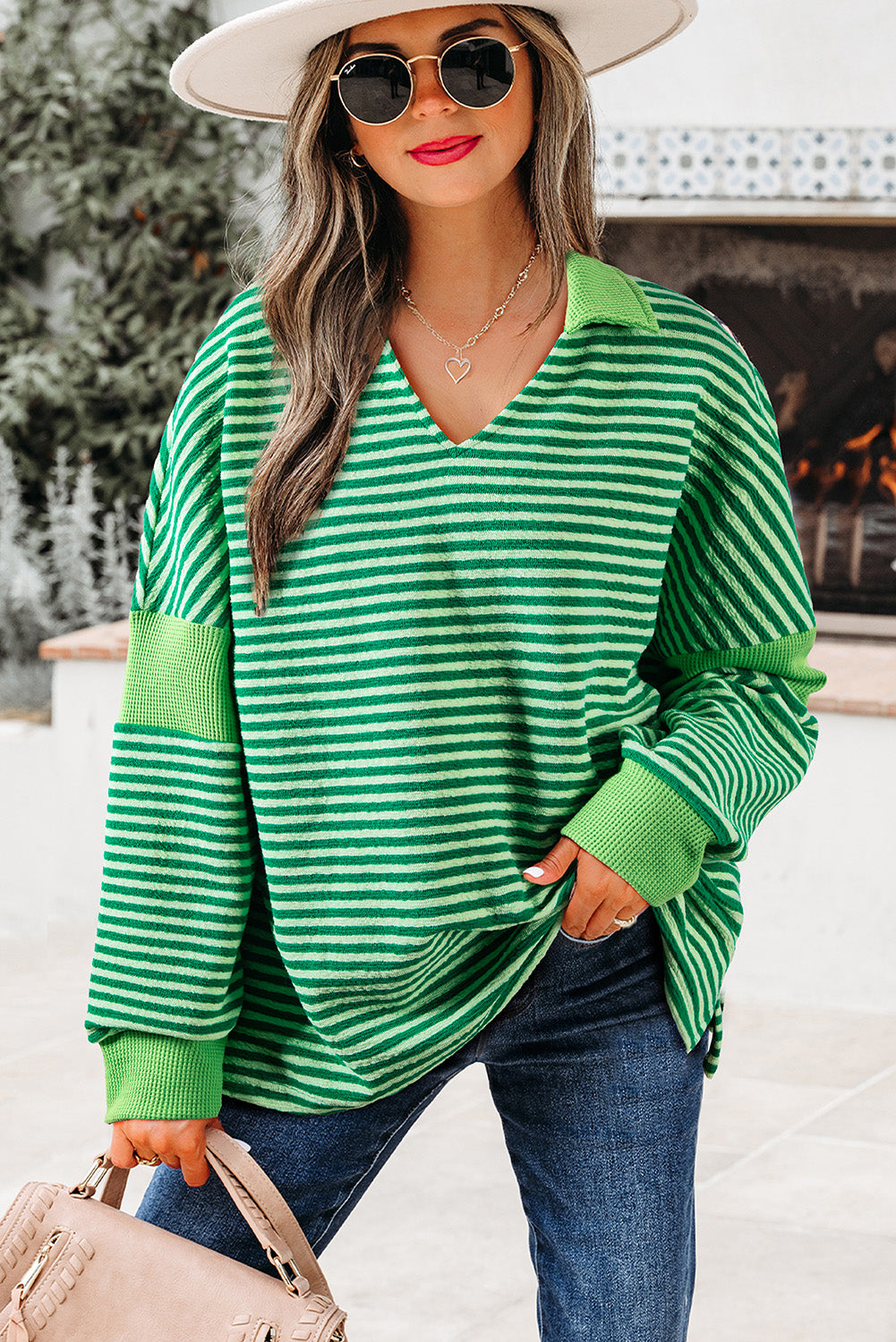 Green Stripe Turn-Down V Neck Patchwork Loose Top-Tops/Long Sleeve Tops-[Adult]-[Female]-2022 Online Blue Zone Planet