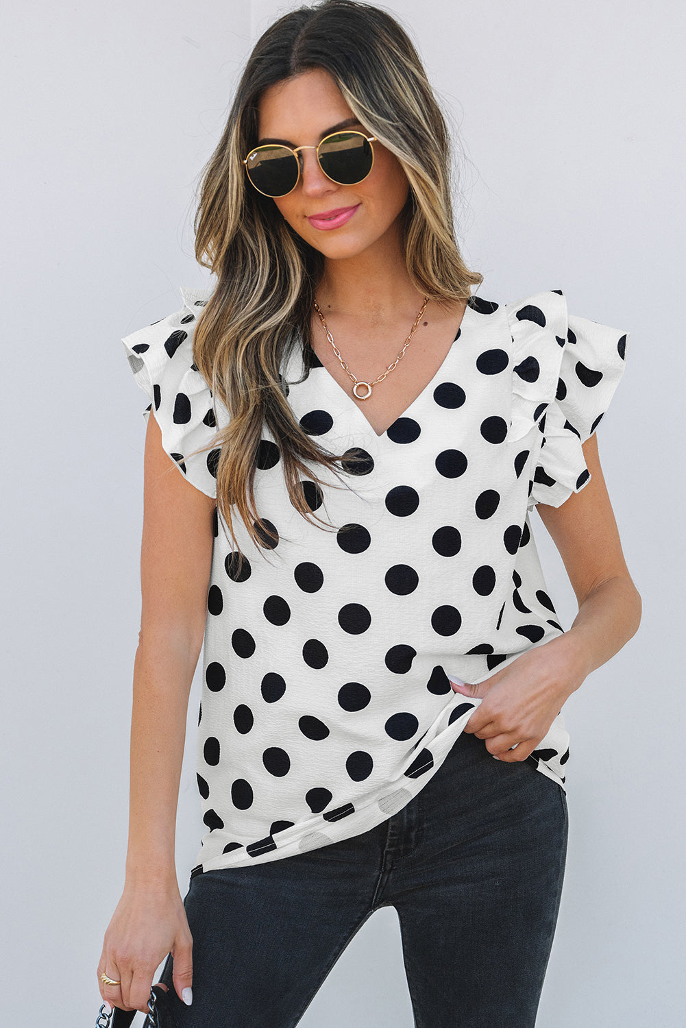 White Polka Dot Print Ruffled Sleeve V Neck Blouse-Tops/Blouses & Shirts-[Adult]-[Female]-2022 Online Blue Zone Planet