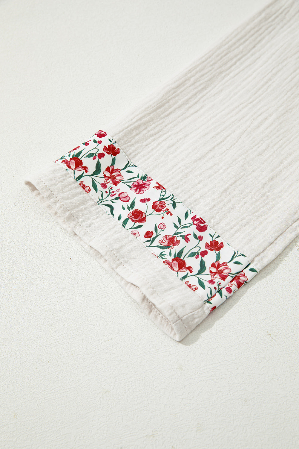 Red Floral Print Gauze Patchwork Henley Button 3/4 Sleeve Blouse-Tops/Blouses & Shirts-[Adult]-[Female]-2022 Online Blue Zone Planet